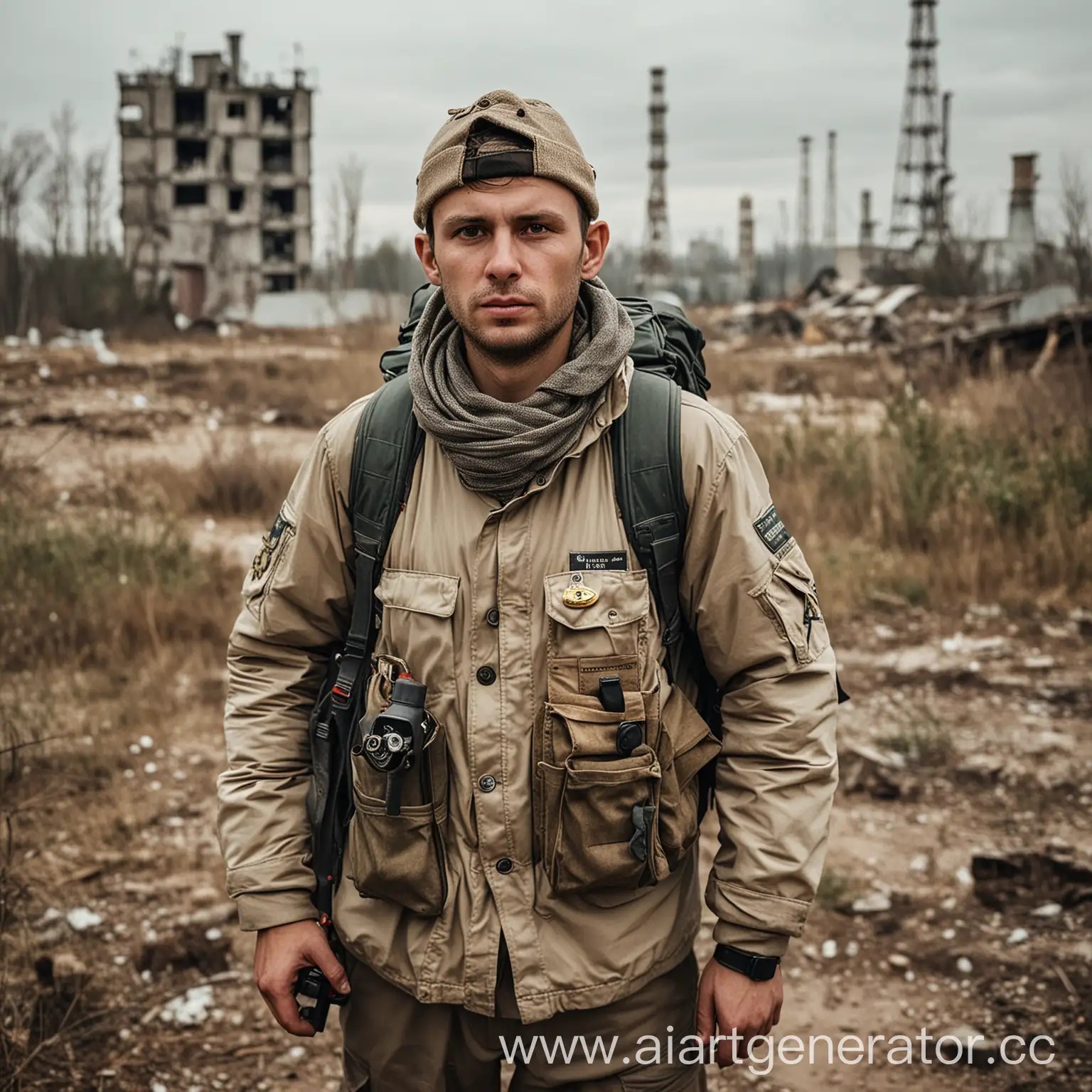 Explorer-in-Chernobyl-Exclusion-Zone-with-Makarov-Pistol-and-Herb-Pouch