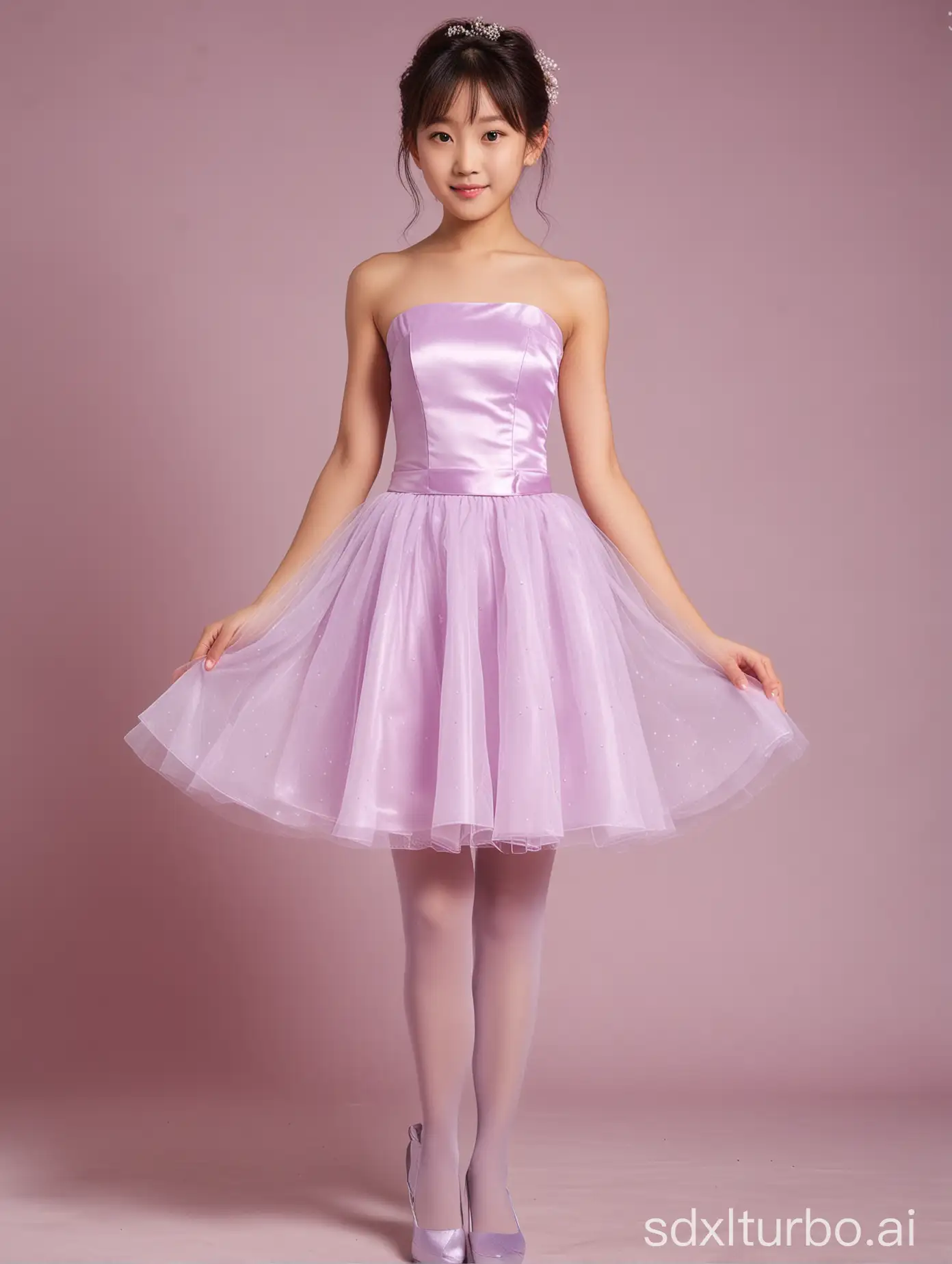 11yo,1girl,Japanese,light purple strapless short wedding dress,pantyhose,full body