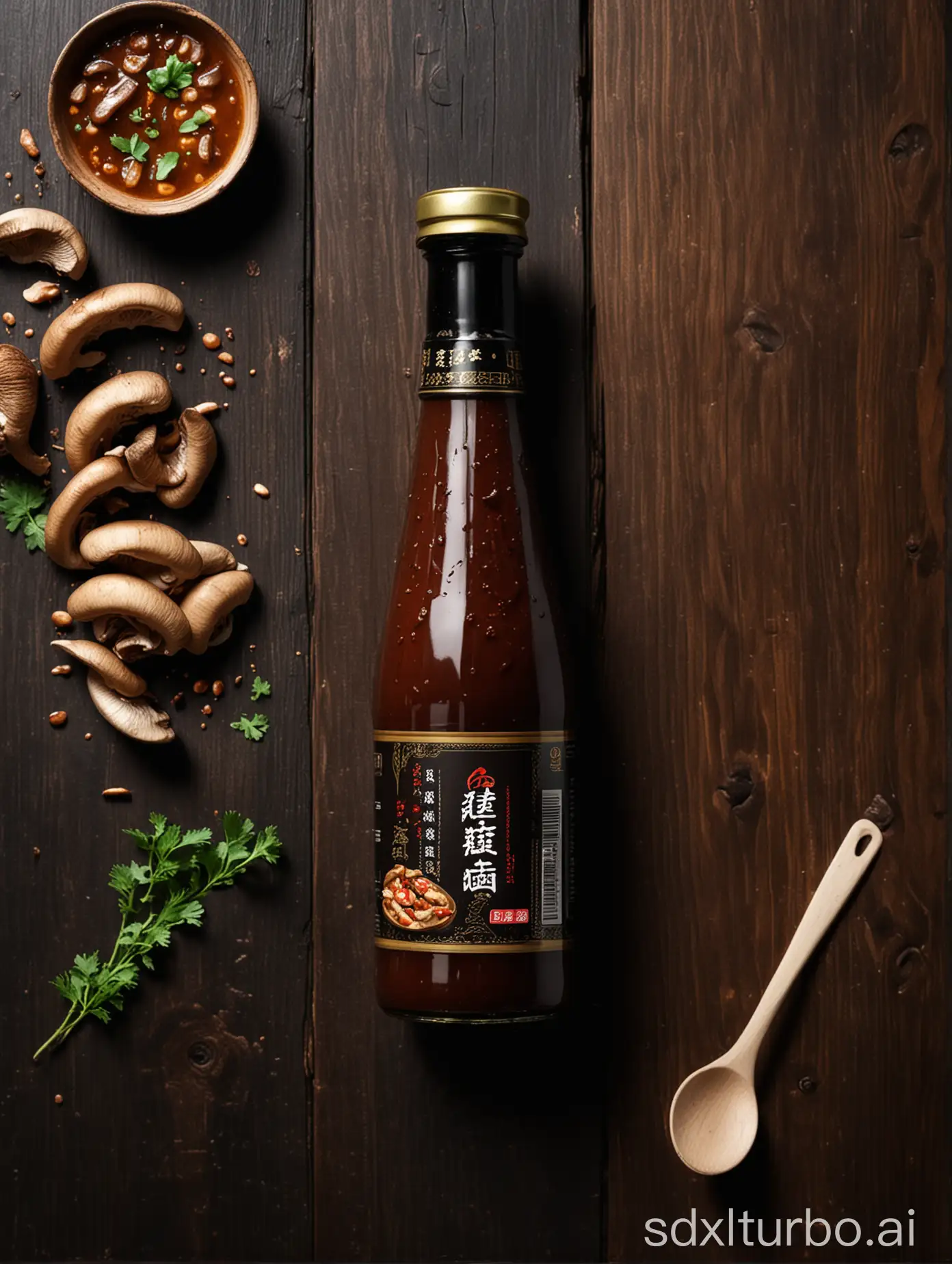 advertising for a bottle of Chinese mushroom sauce on a table made of dark wood. 