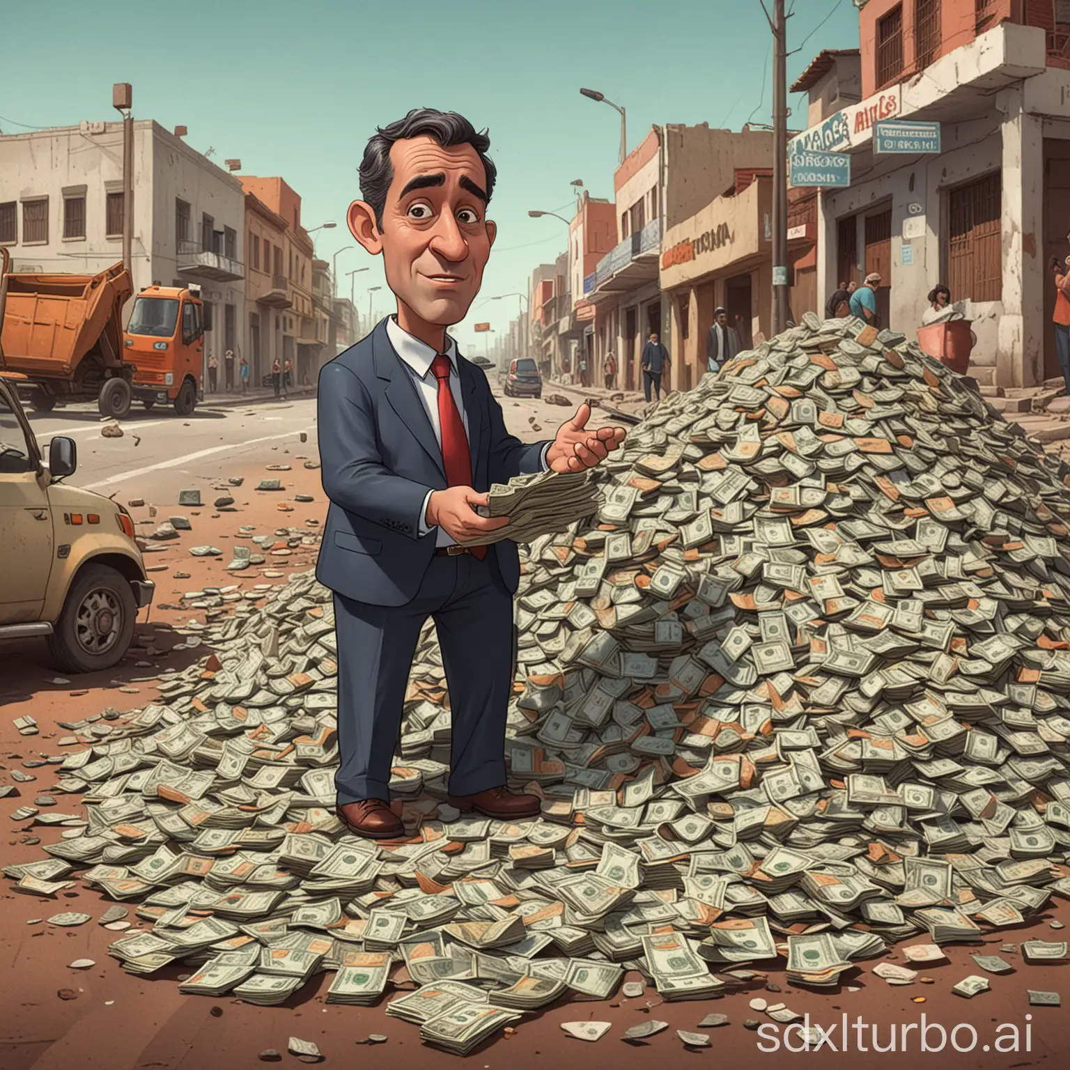 Um gif de alguém contando uma grande pilha de dinheiro, com a legenda "Prefeito Fonseca contando o dinheiro destinado à infraestrutura de Oriximiná", seguido por uma cena de uma rua cheia de buracos.
cartoon style
