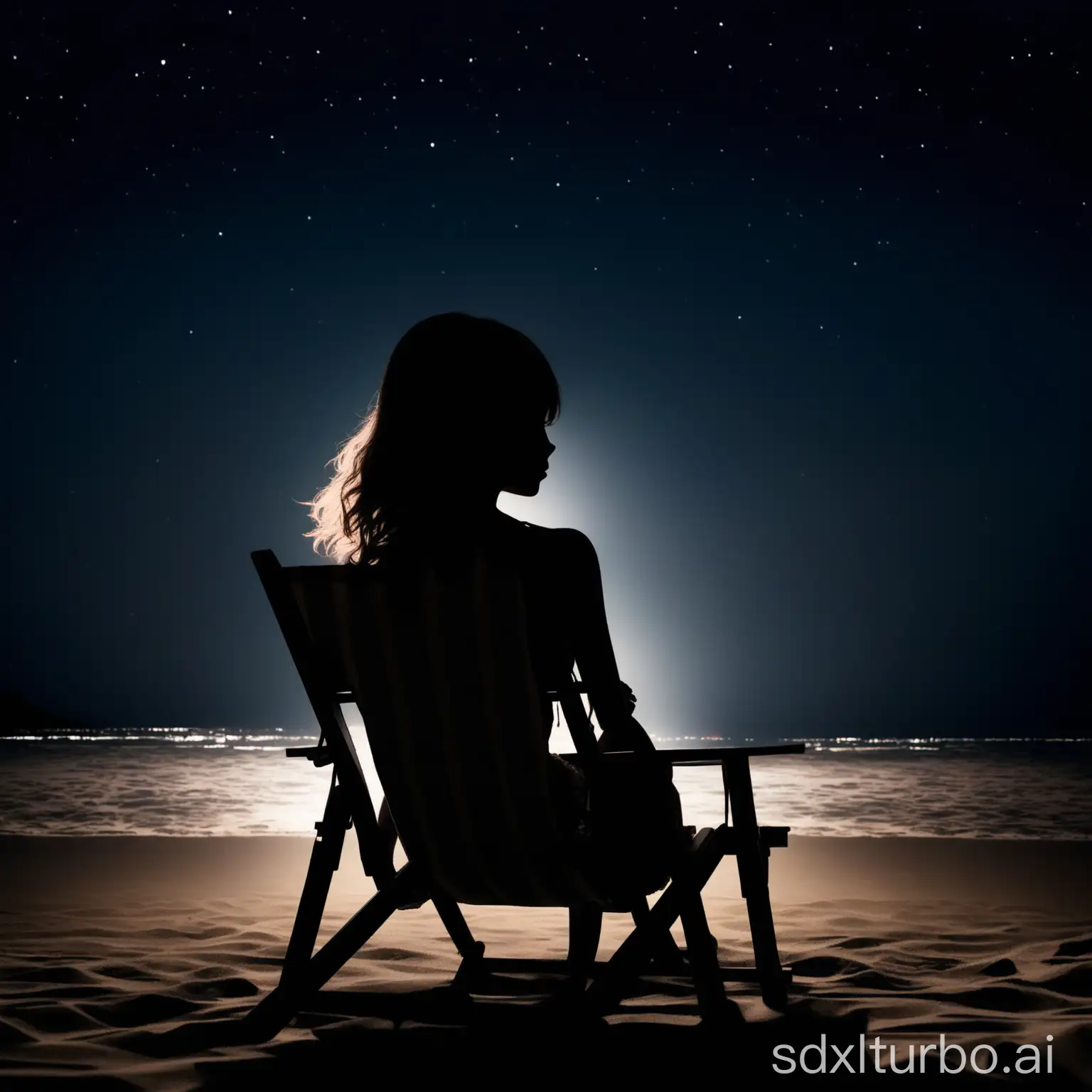 A Dreamy girl silhouette sitting on a beach chair the picture taken from behind at night