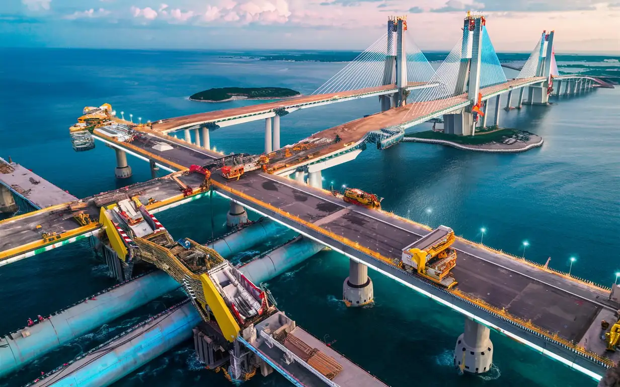 Mega Sea Bridge Construction with Artificial Island and Undersea Tunnel