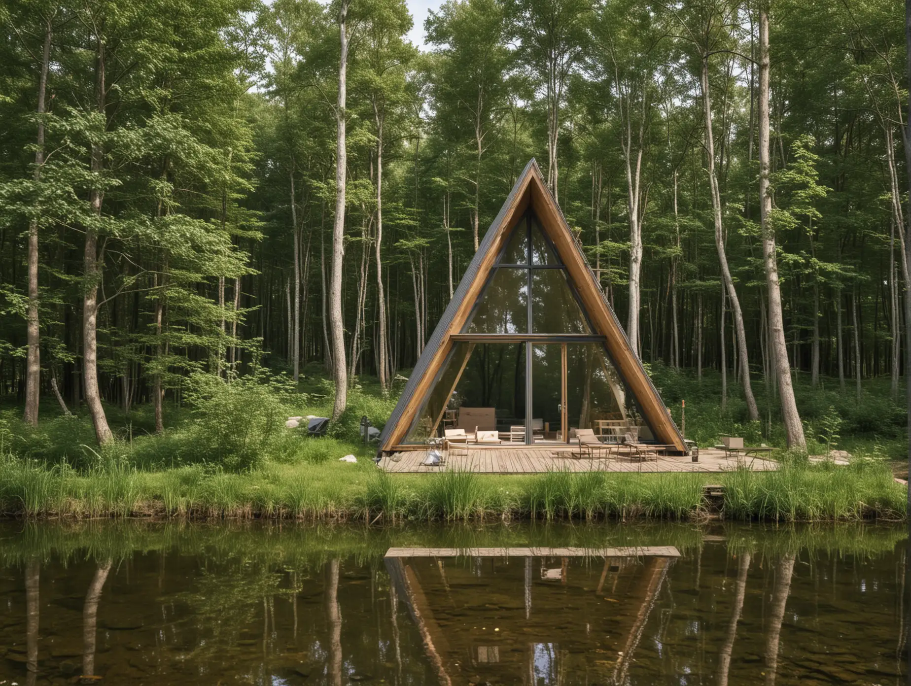 Треугольный дом A-frame в лесу на берегу небольшого пруда