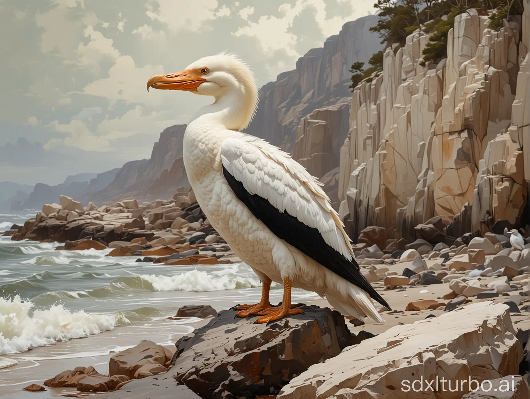 A full body shot of an albino cormorant, with a background of a rocky beach, in the style of painting by Leyendecker.