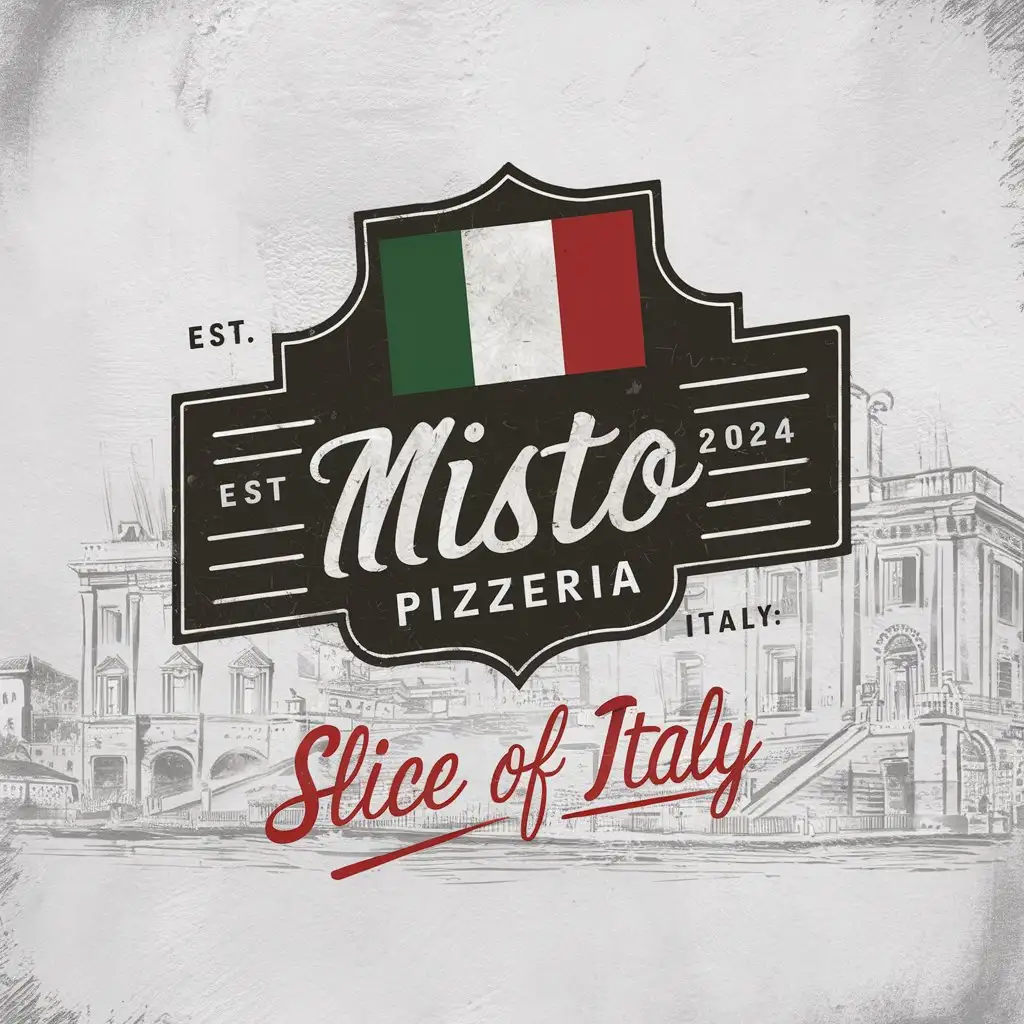 Misto Pizzeria Emblem Vintage Italian Slice of Italy on Textured White Background