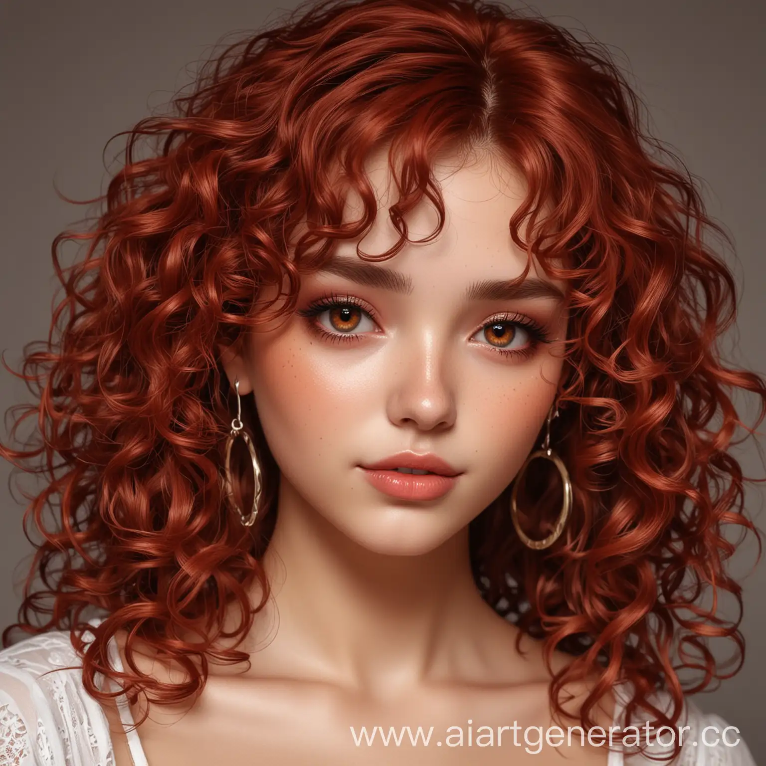 нарисуй девочку с кудрявыми волосами красного цвета с серьгами кольцами карие глаза и красные тени