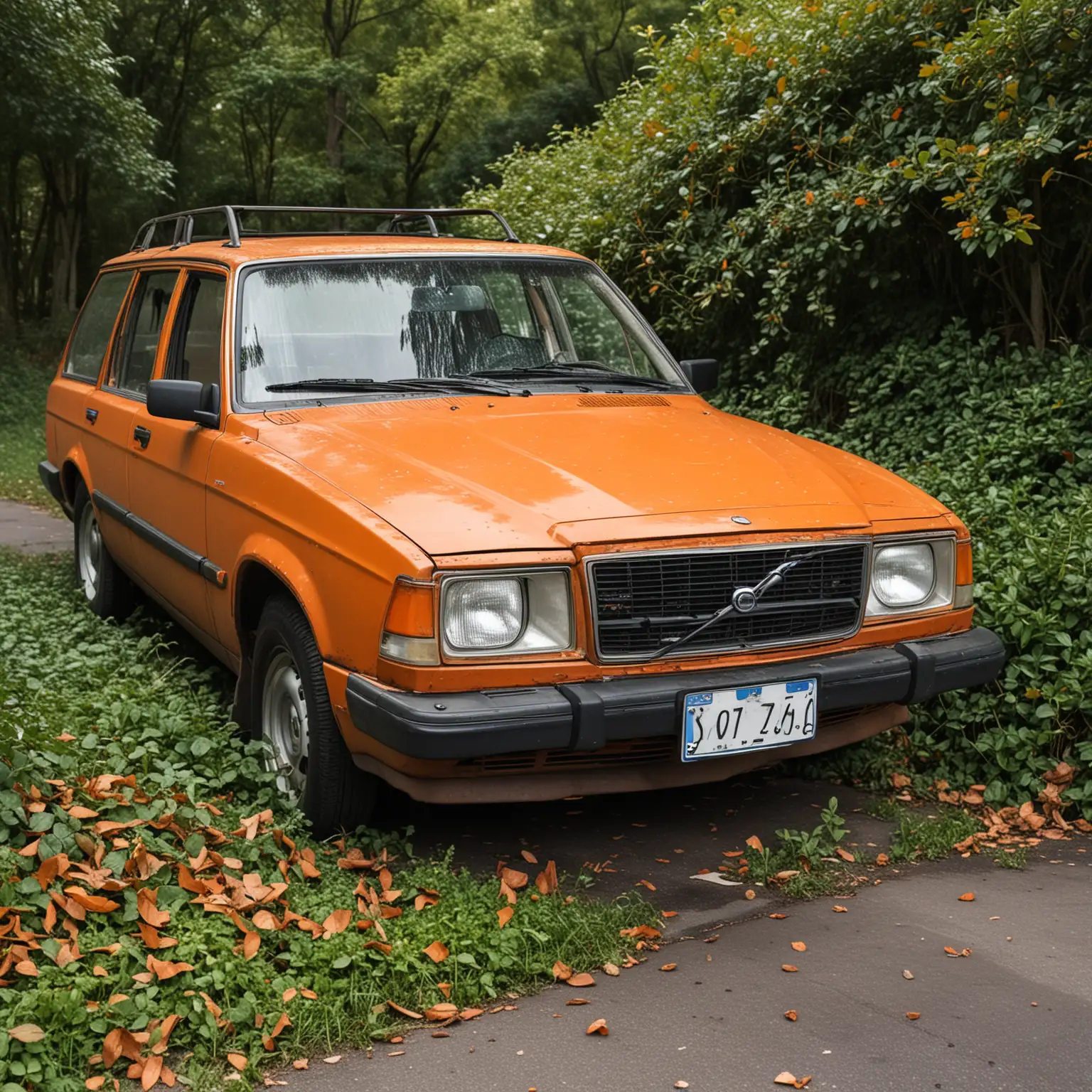 Naive photo realism, an orange Volvo 70s style is abandoned on a parking slot, overgrown with bushes and leaves.