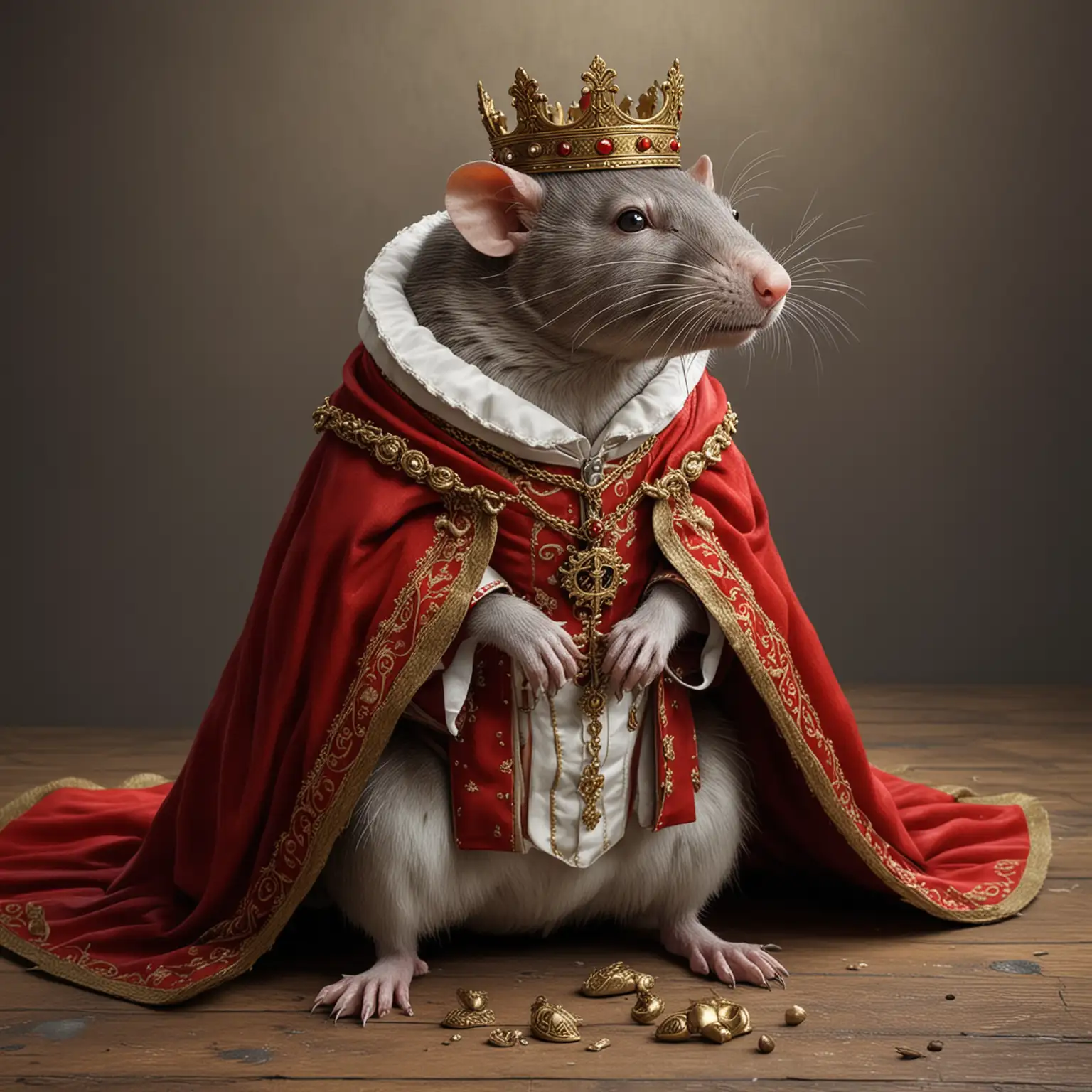 реалистичная хитрая крыса-король в средневековом наряде короля, красной мантии с белым воротником и короне на бок в полный рост с лапами на полу