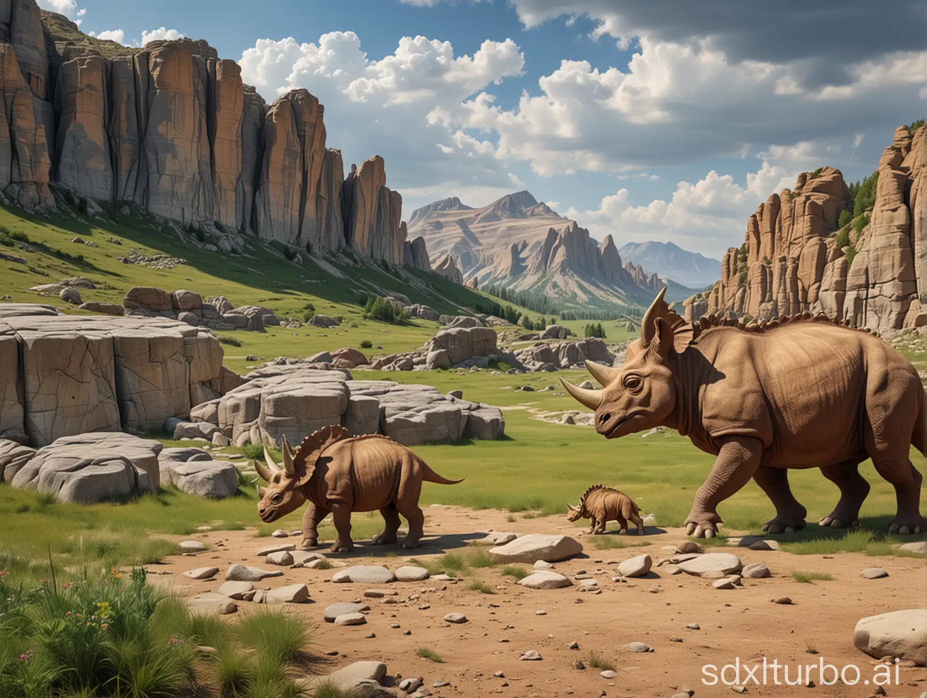 Triceratops-Family-Grazing-in-Meadow-Among-Rocky-Cliffs