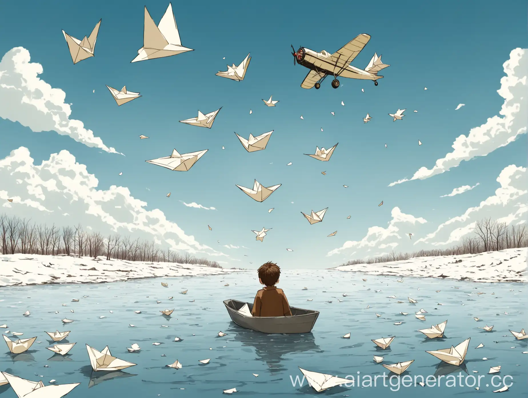 Child-Floating-Paper-Boats-Watches-Airplane-in-Spring-Stream