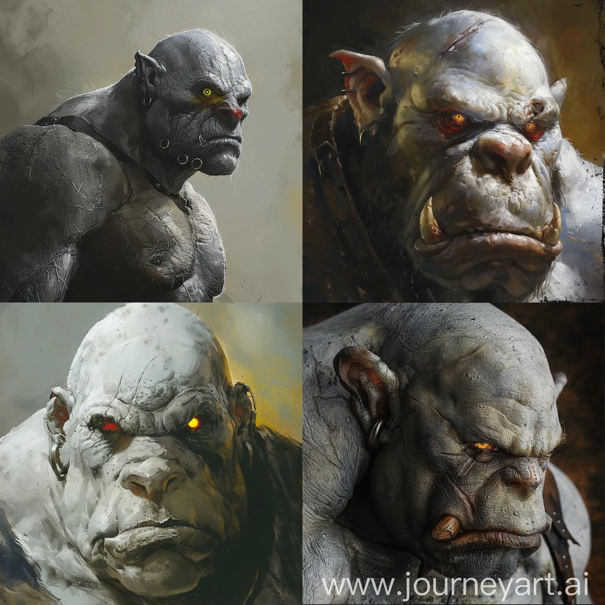 big, ogre with one red eye, one yellow eye, white-grey skin, no hair