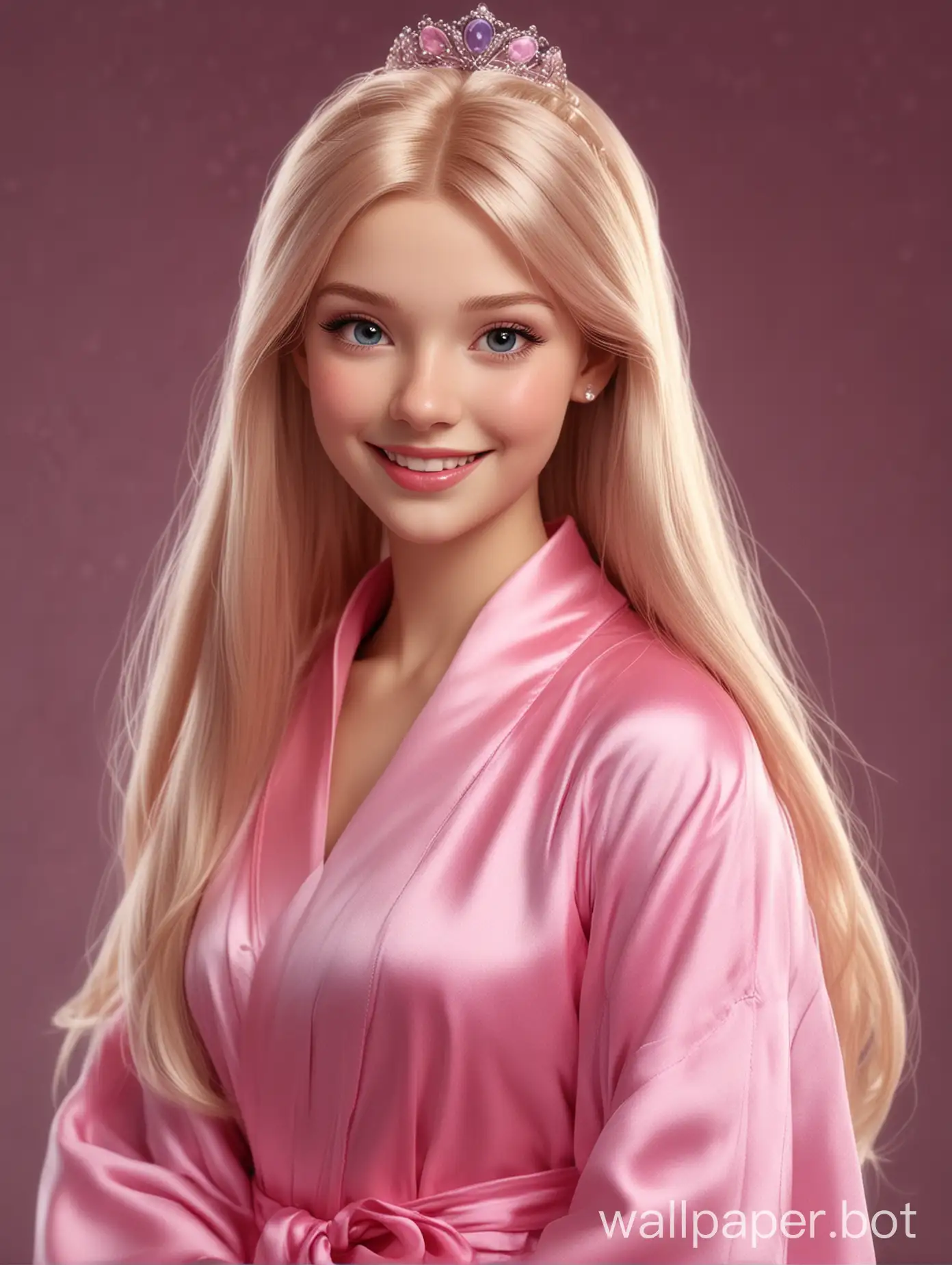 Realistic, Disney-esque cutie Cinderella smiles with long straight silky hair in a silk robe the color of pink fuchsia