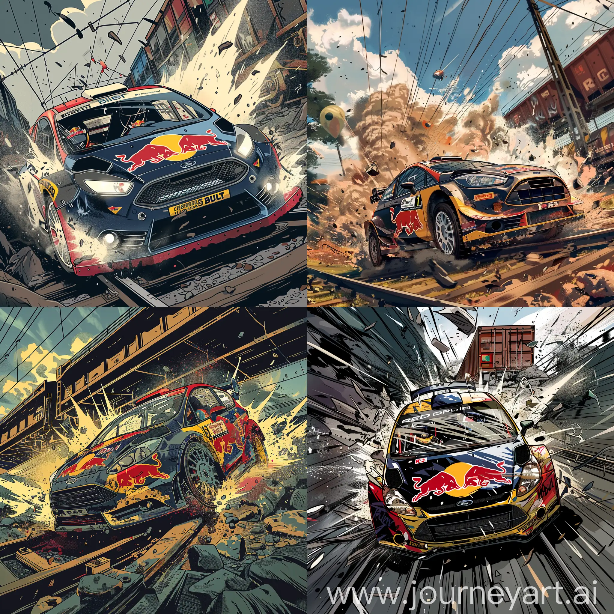 A ford fiesta r5 with a red bull livery being driven by a rally car driver with his co driver in his side, both wearing a red bull full face helmet and a racing suit, the car is being hit by a freight train and the car is wrecked and is about to explode, the driver is visible in the picture with a shock eye, in a manga art style