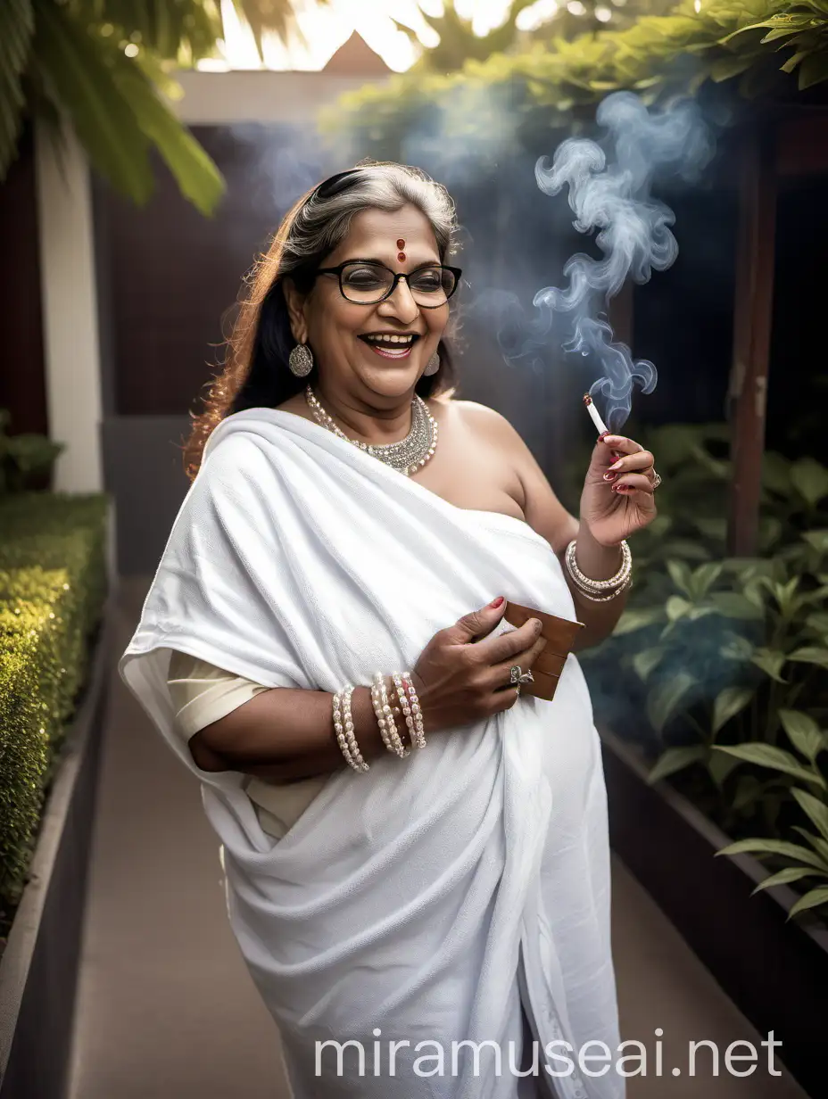 a indian mature  fat woman having big stomach age 49 years old attractive looks with make up on face ,binding her high volume hairs, wearing metal anklet on feet and high heels, smoking a burning cigar  in her hand , smoke is coming out from cigar  . she is happy and smiling. she is wearing pearl neck lace in her neck , earrings in ears, a power spectacles on her eyes and wearing  only a  white velvet towel on her body. she is walking a luxurious  garden with many cats in a garden and its morning  time. show full body from top to bottom