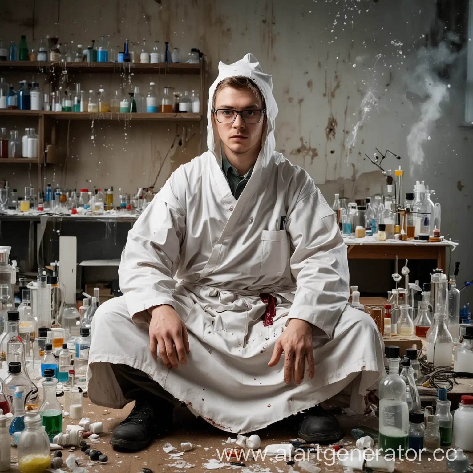 Лаборант в биохимической лаборатории, вокруг хаос, все реактивы взорвались, он сидит в порванном халате и шапочке