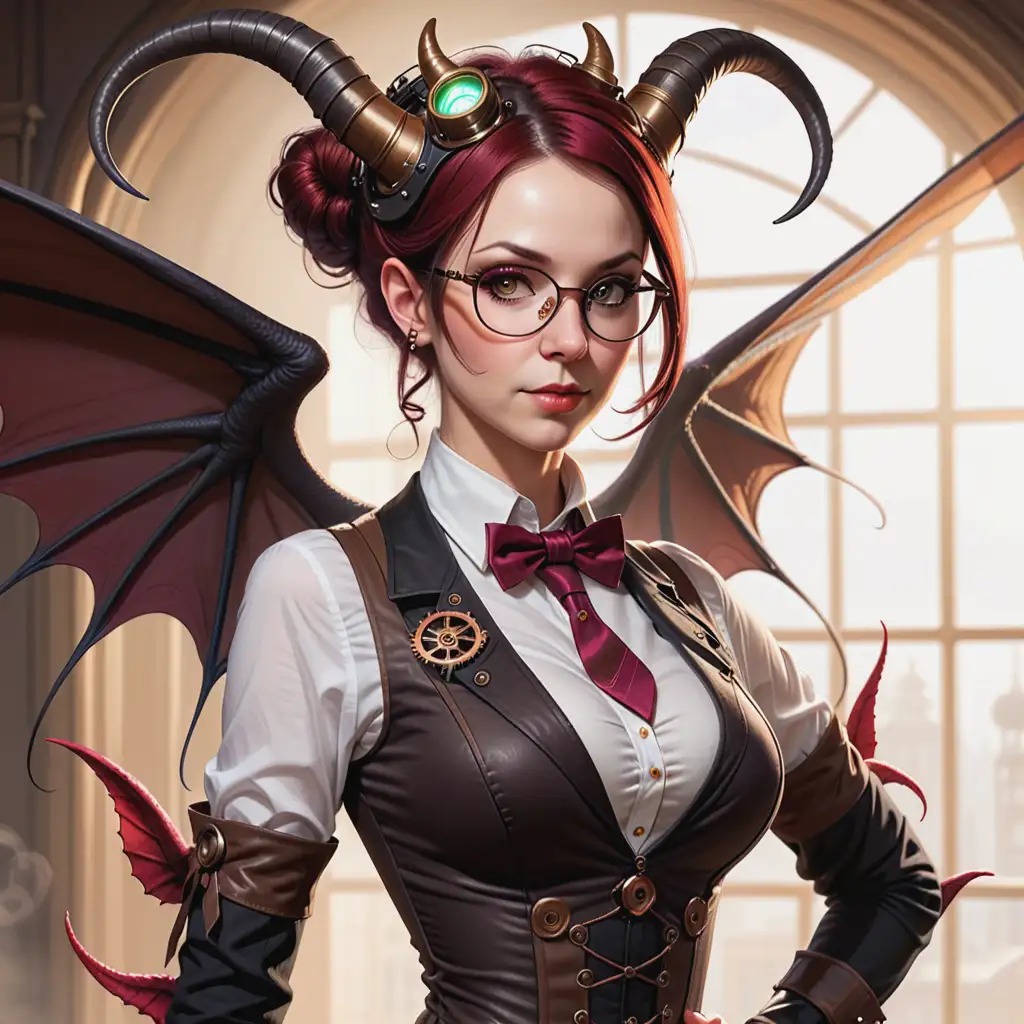 A 45 year old, nerdy, petite SUCCUBUS, with horns, big wings wrapped around her, tail, who dresses modestly like a steampunk gentlewoman 