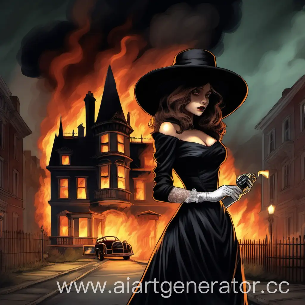 Девушка стоит напротив горящего особняка своих обидчиков в черном шёлковом платье, кружевных перчатках и большой шляпе. В одной руке газовая зажигалка, в другой чемодан. На улице поздний вечер
