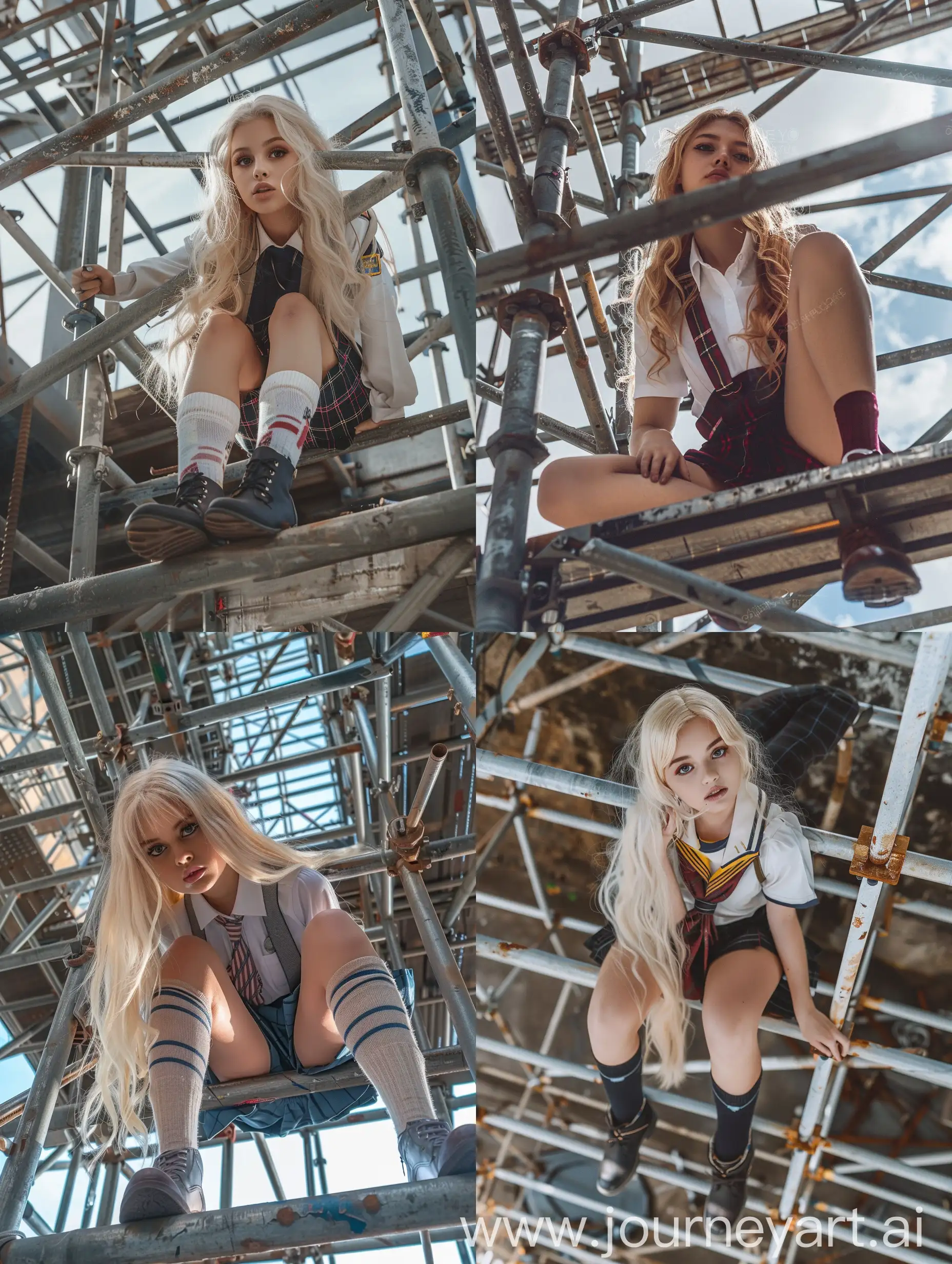 1 girl, long blond hair, 18 years old, influencer, beauty,   school uniform, makeup, down view, , down view, socks and boots, 4k, , is working on a steel scaffold under construction