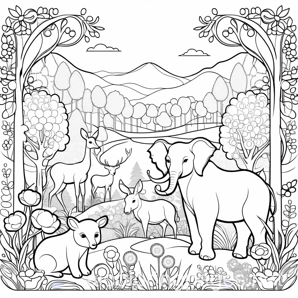 coloring book cover for kids with different cute zoo animals and a forest in background with many flowers, Coloring Page, black and white, line art, white background, Simplicity, Ample White Space. The background of the coloring page is plain white to make it easy for young children to color within the lines. The outlines of all the subjects are easy to distinguish, making it simple for kids to color without too much difficulty