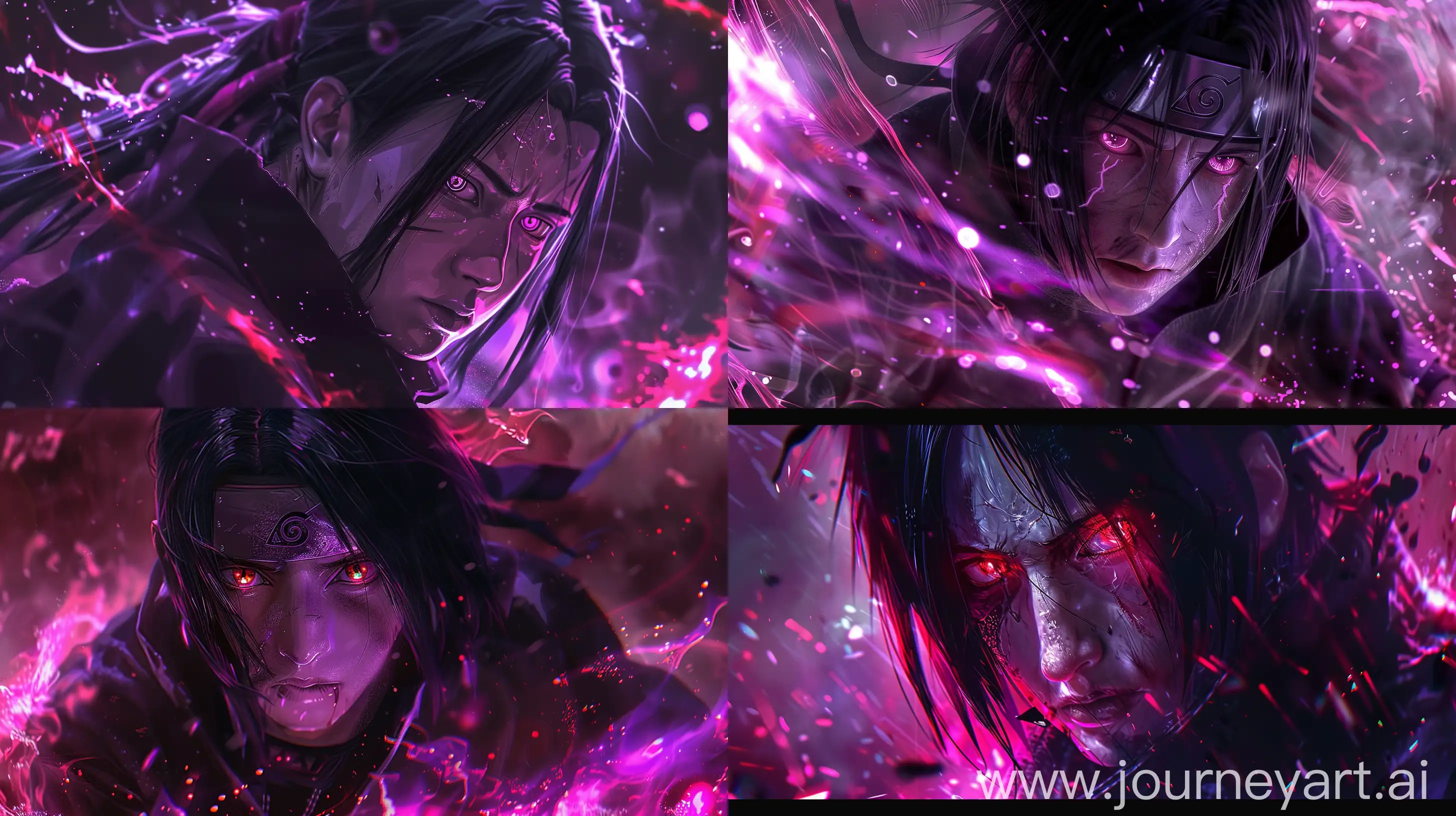 Itachi Uchiha from Naruto Shippuden, enraged, action scene, black hair, realistic anime style, the best quality, perfect details, 8K,solo,looking at viewer, red light and purple image quality, hyper realistic painting, action scene, cinematic, magical glowing aura. --ar 16:9
