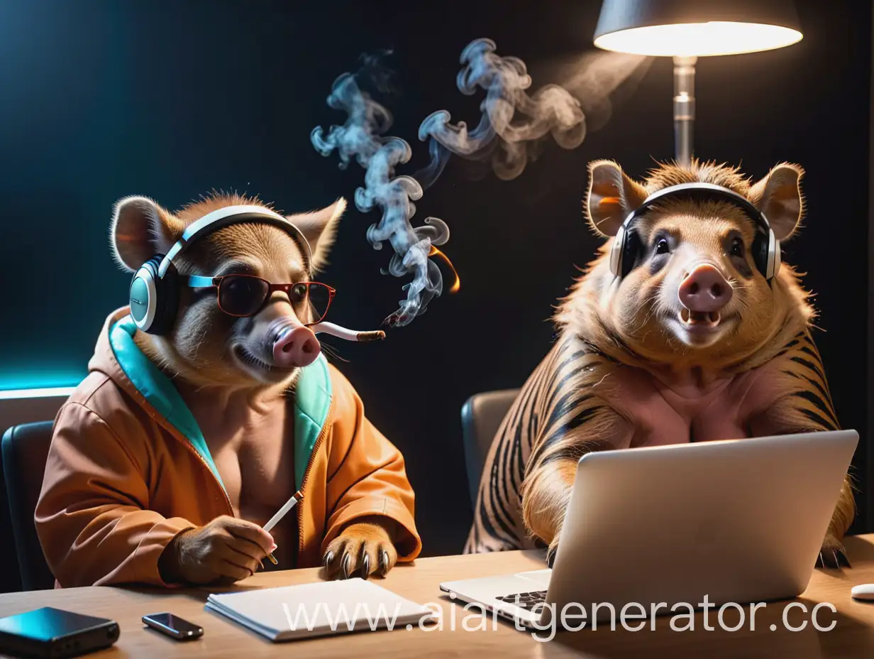 Один сурикат и один кабан, сидят за компьютером в наушниках, и курят сигары