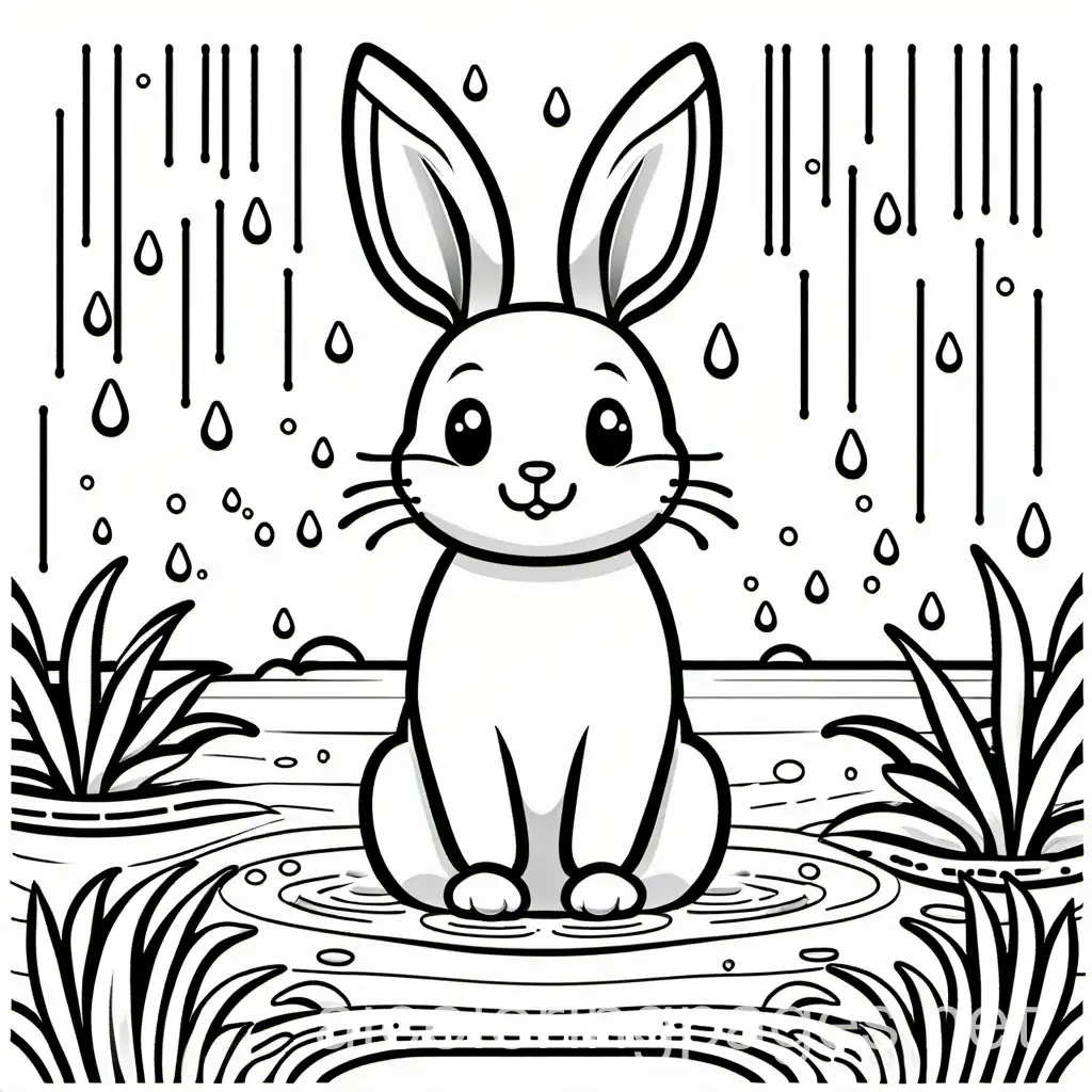 coloring page of a wet rabbit from the rain

,
 Coloring Page,
 black and white,
 line art,
 white background,
 Simplicity,
 Ample White Space.
 The background of the coloring page is plain white to make it easy for young children to color within the lines. The outlines of all the subjects are easy to distinguish, making it simple for kids to color without too much difficulty
