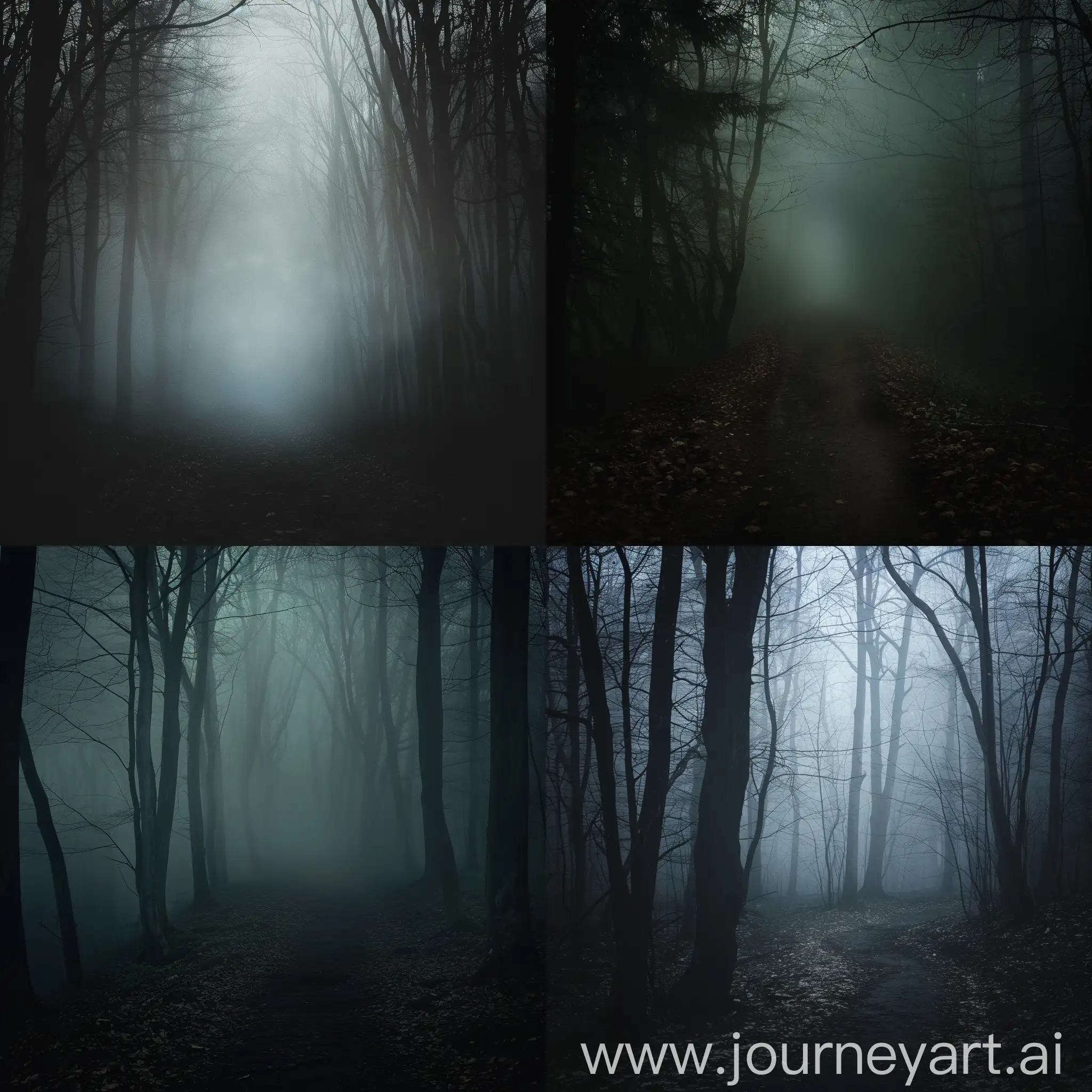 very thick fog in a dark forest, straight path, horror style