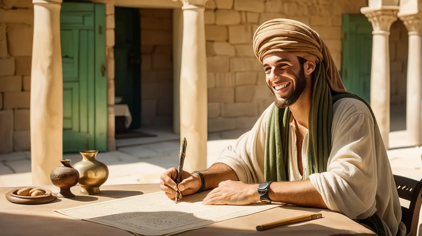 epoque biblique, un bel hébreu souriant avec la tête recouverte d'un turban marron est assis à une table et signe un parchemin sur la terrasse d'une maison hébreu antique, debout un arabe, en fond de belles colinnes verdoyantes, plein été, soleil de midi