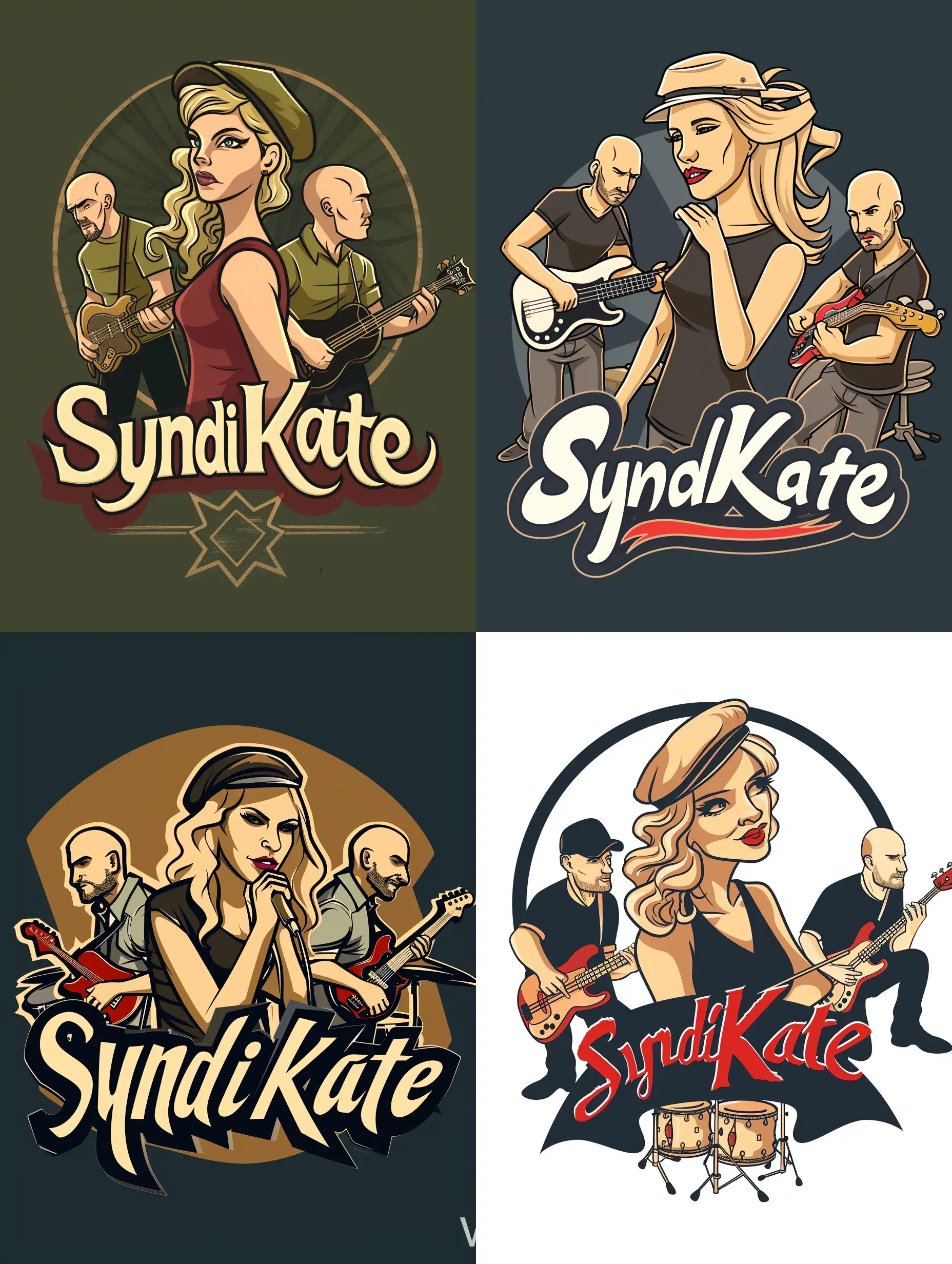 Логотип для музыкальной группы “SyndiKate”, где главное лицо светловолосая певица Kate, вокруг которой играют трое мужчин-музыкантов: лысый барабанщик, бас-гитарист в кепке, лысый соло-гитарист.
