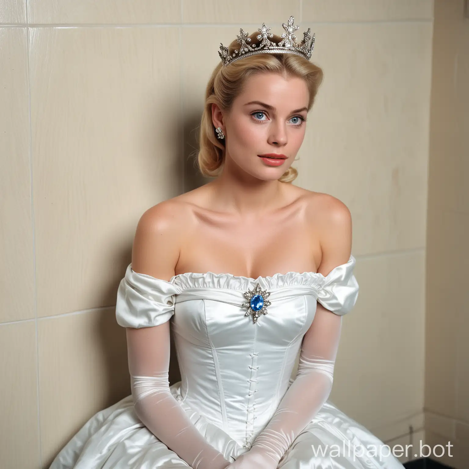 In men's public toilet, a white, young actress with blue eyes and blonde hair, Grace Kelly, with a crown on her knees in a white silk off-shoulder sleeveless dress, white silk push-up corset, and white silk opera length gloves, has an expression of disgust on her face. The white Queen Grace Kelly, with a crown, begs on her knees in front of two black male homeless men with their pants down. The queen's mouth is open extra wide. View from above.