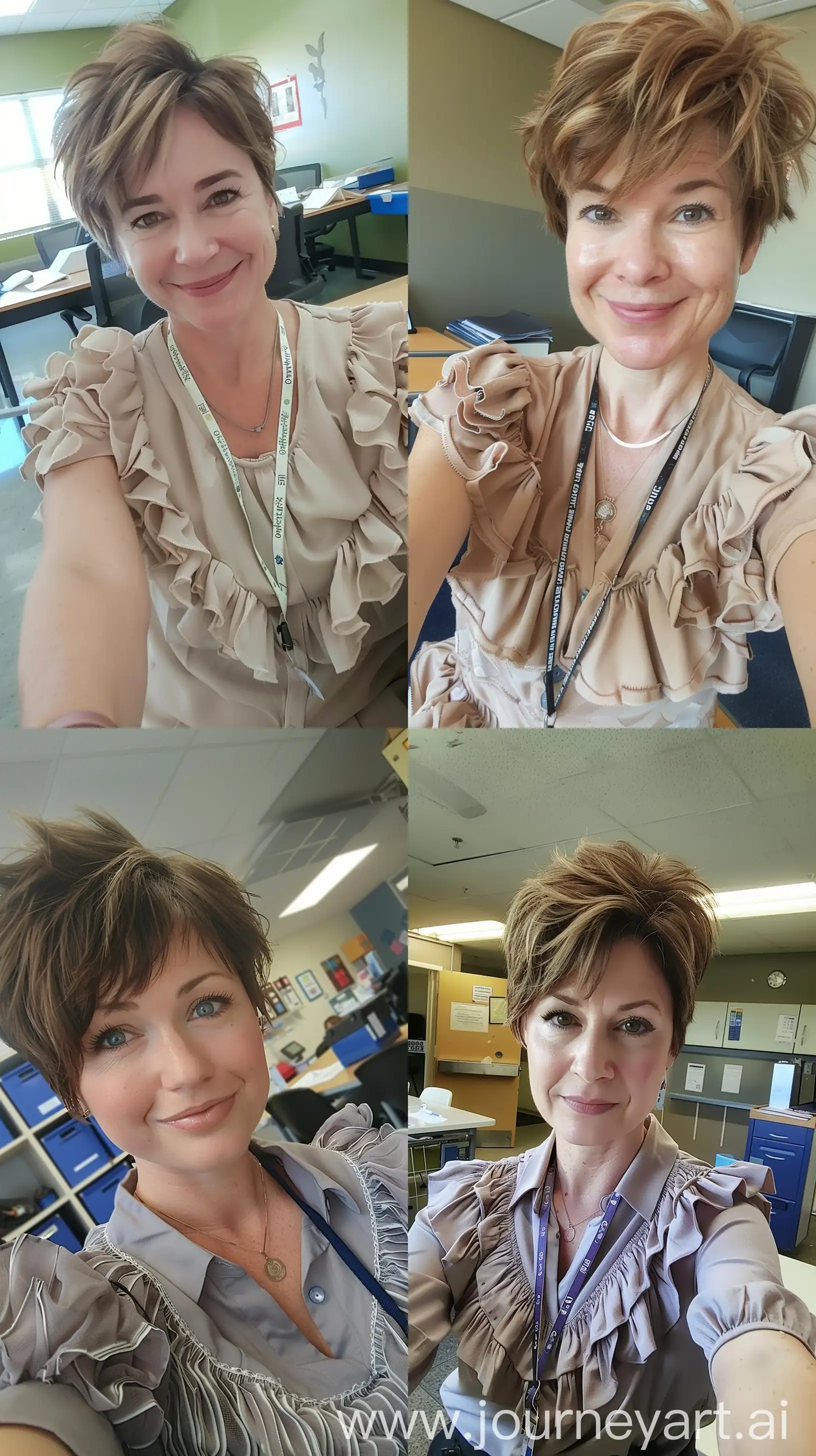 Charming-Elementary-School-Teacher-Capturing-a-Selfie-Moment-at-Her-Desk