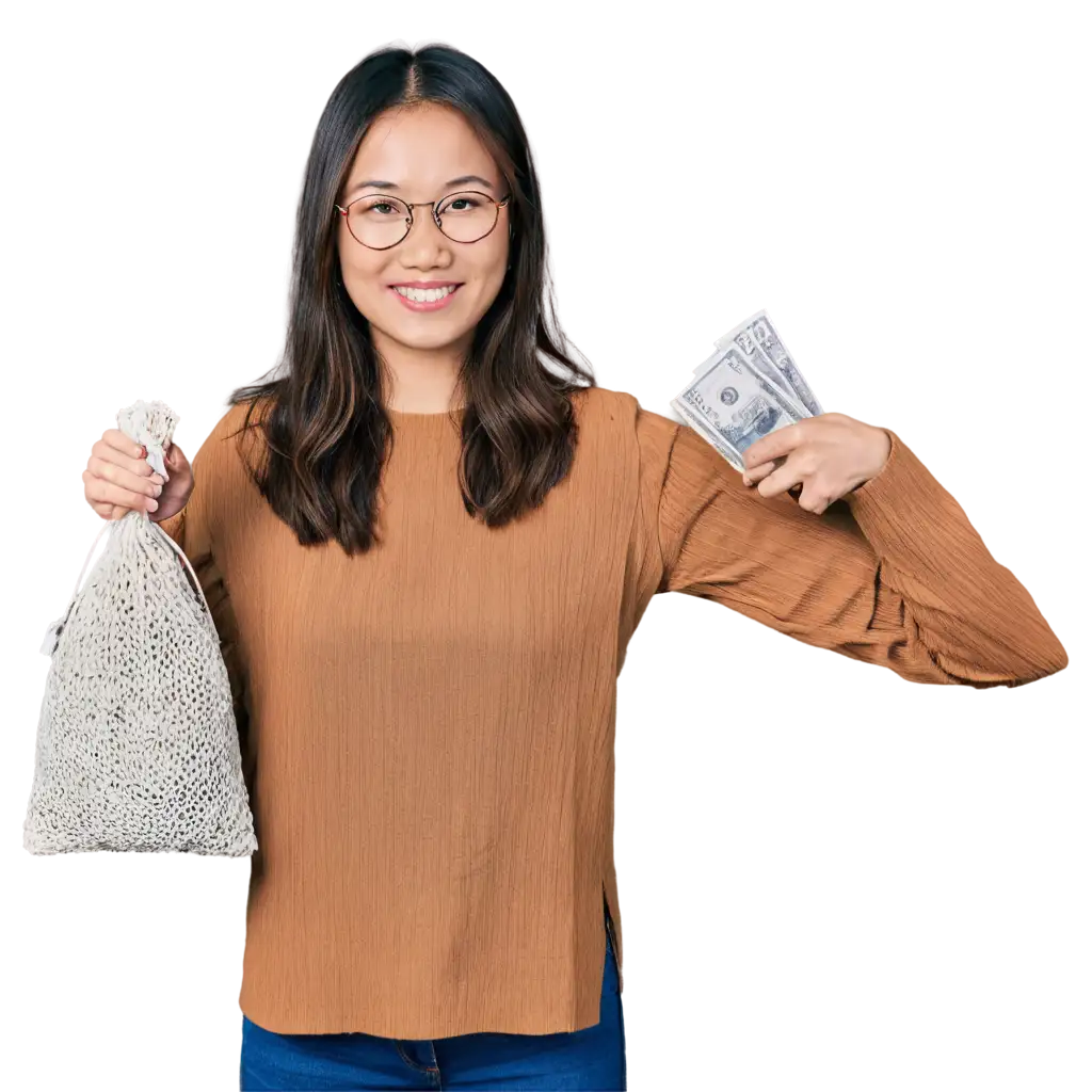 Asian-Woman-Holding-Money-Bags-HighQuality-PNG-Image-for-Financial-Success-Concepts