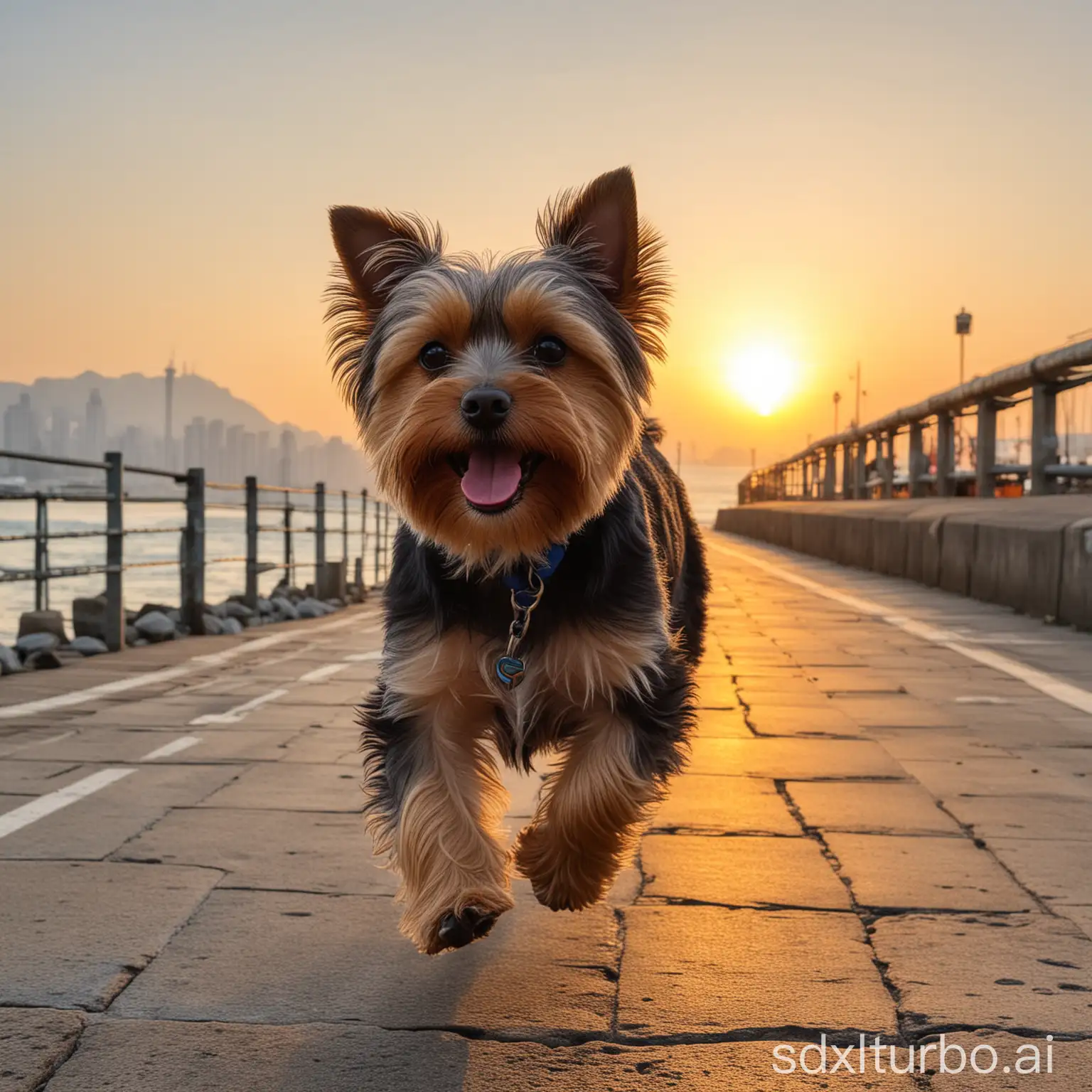 Yorkshire terrier run in Tamsui at Taiwan, the sunrise at the background