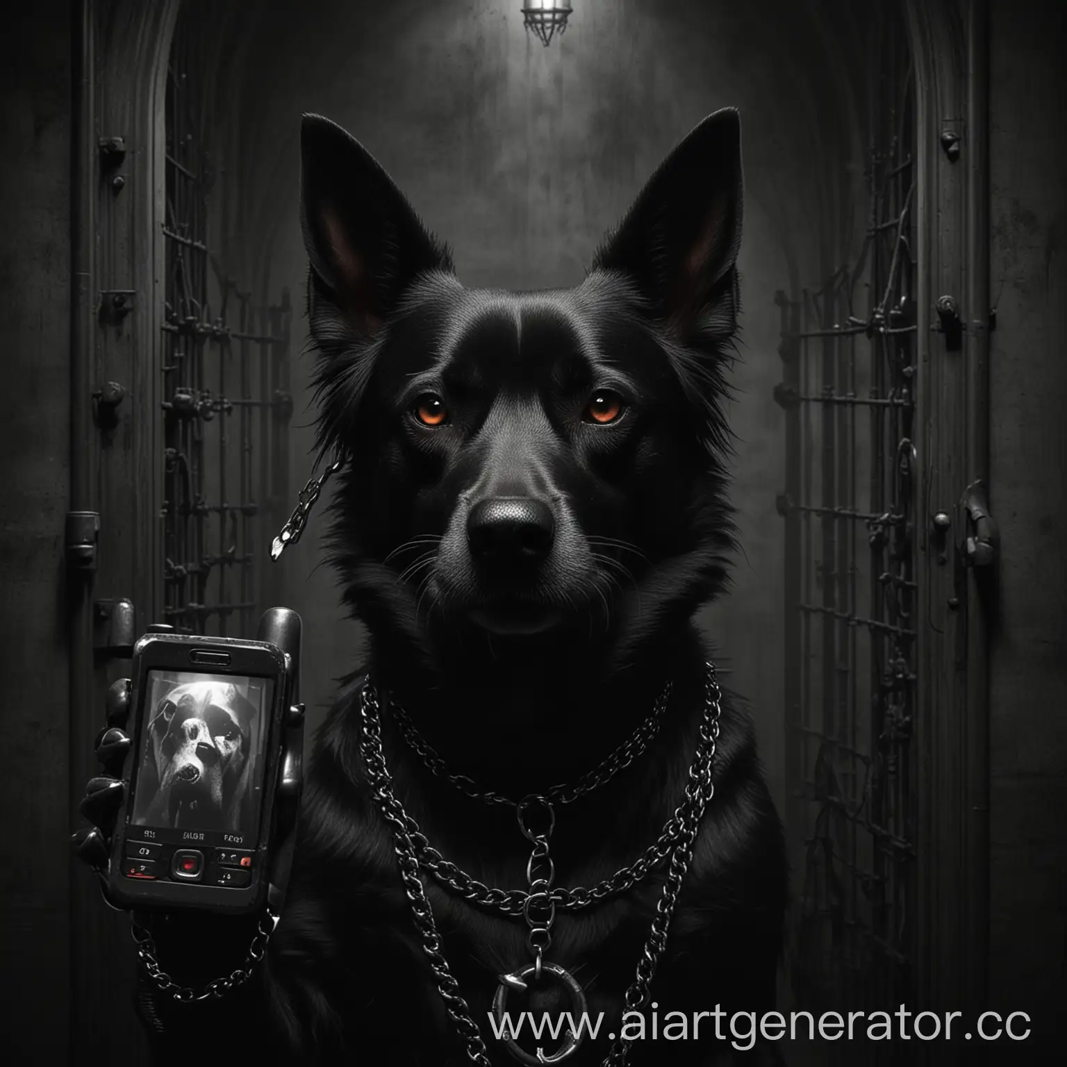 мрачная зловещая картинка злой готической собаки говорящей по готически мрачному сотовому телефону