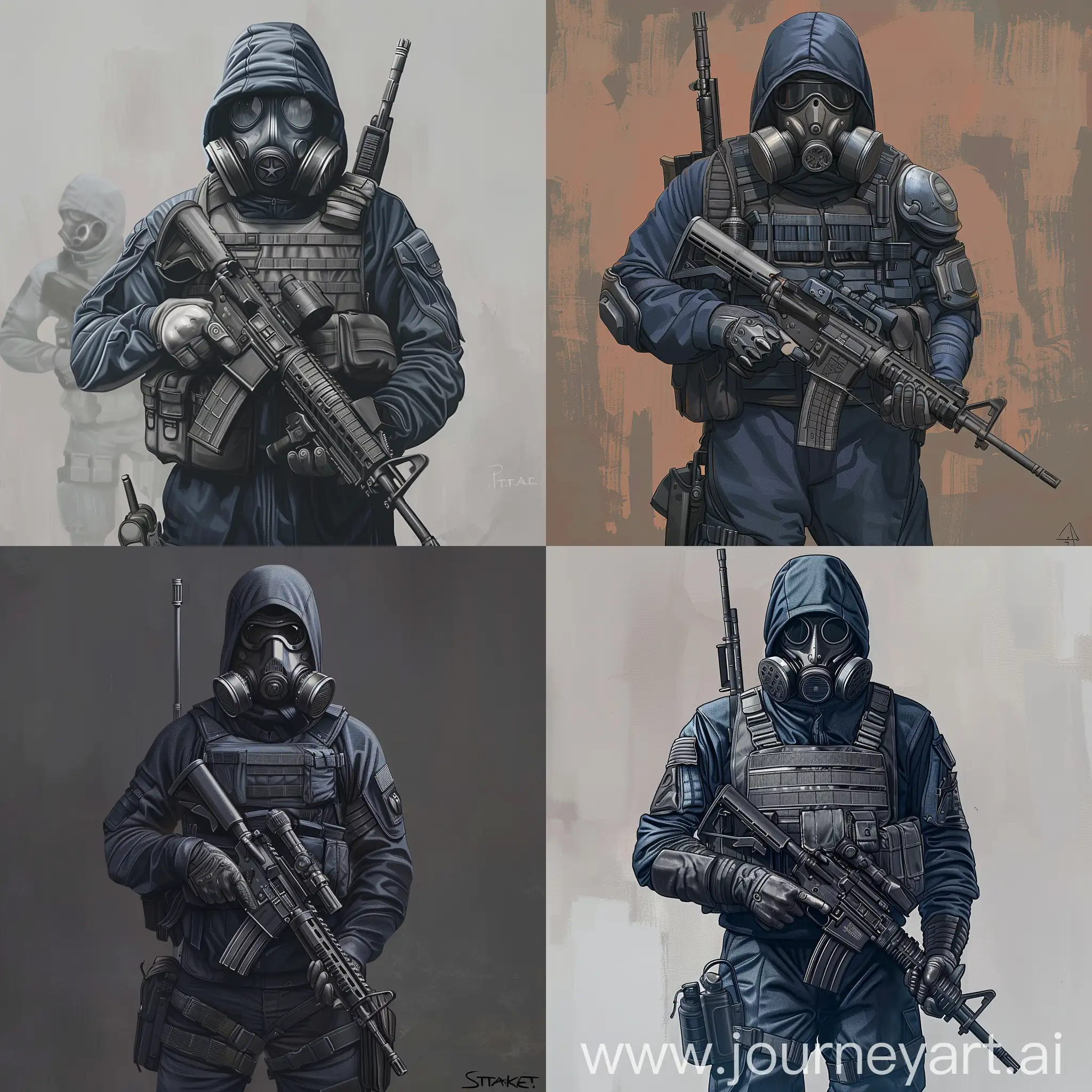 Digital art of a mercenary from the universe of S.T.A.L.K.E.R., dressed in a dark blue military jumpsuit, gray military armor on his body, a gasmask on his face, a mercenary wears a military exoskeleton, and a rifle in the hands of a mercenary.
