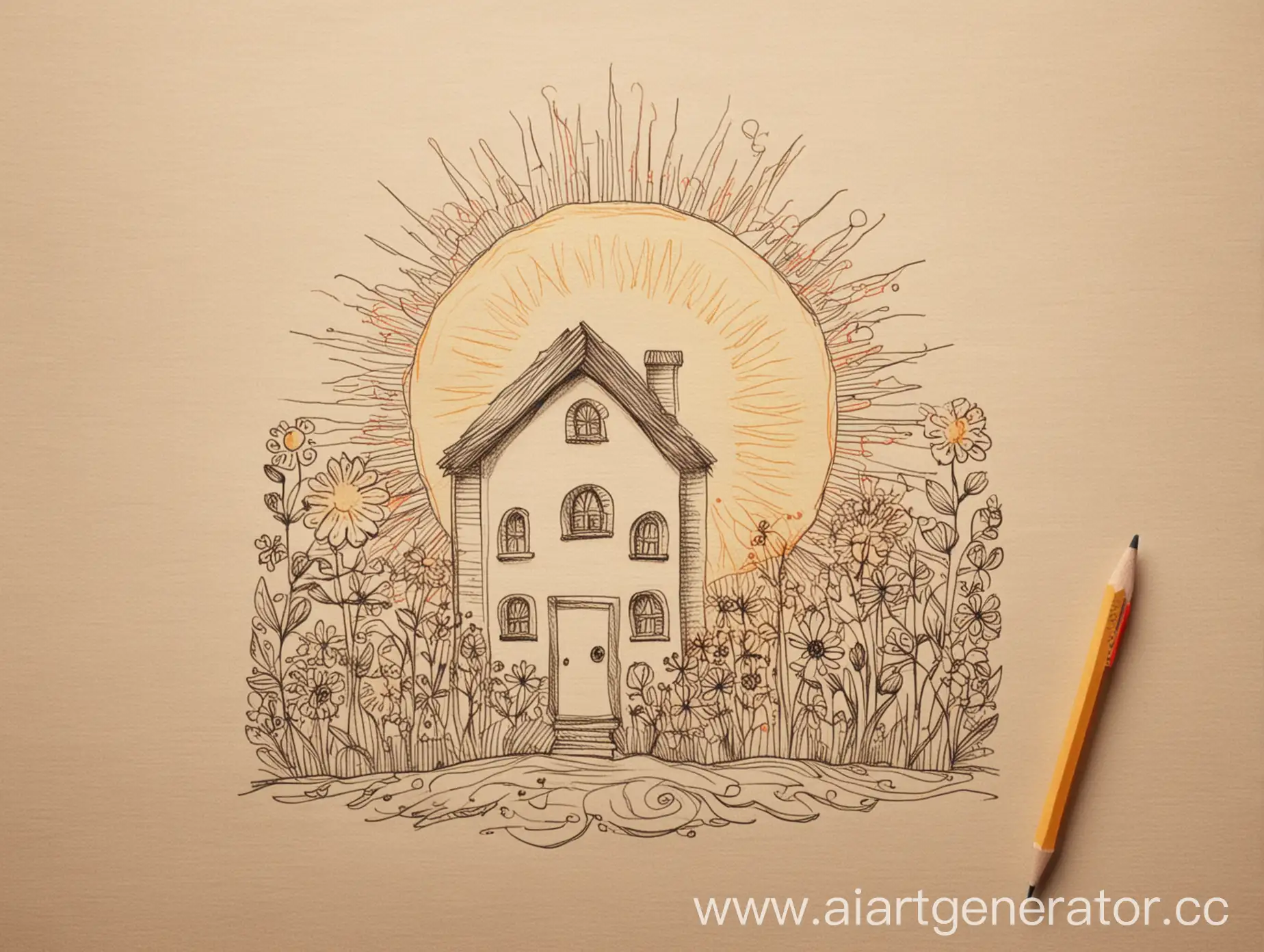 Childrens-Drawing-Pencil-and-Mothers-Card-in-Sunny-House-Scene