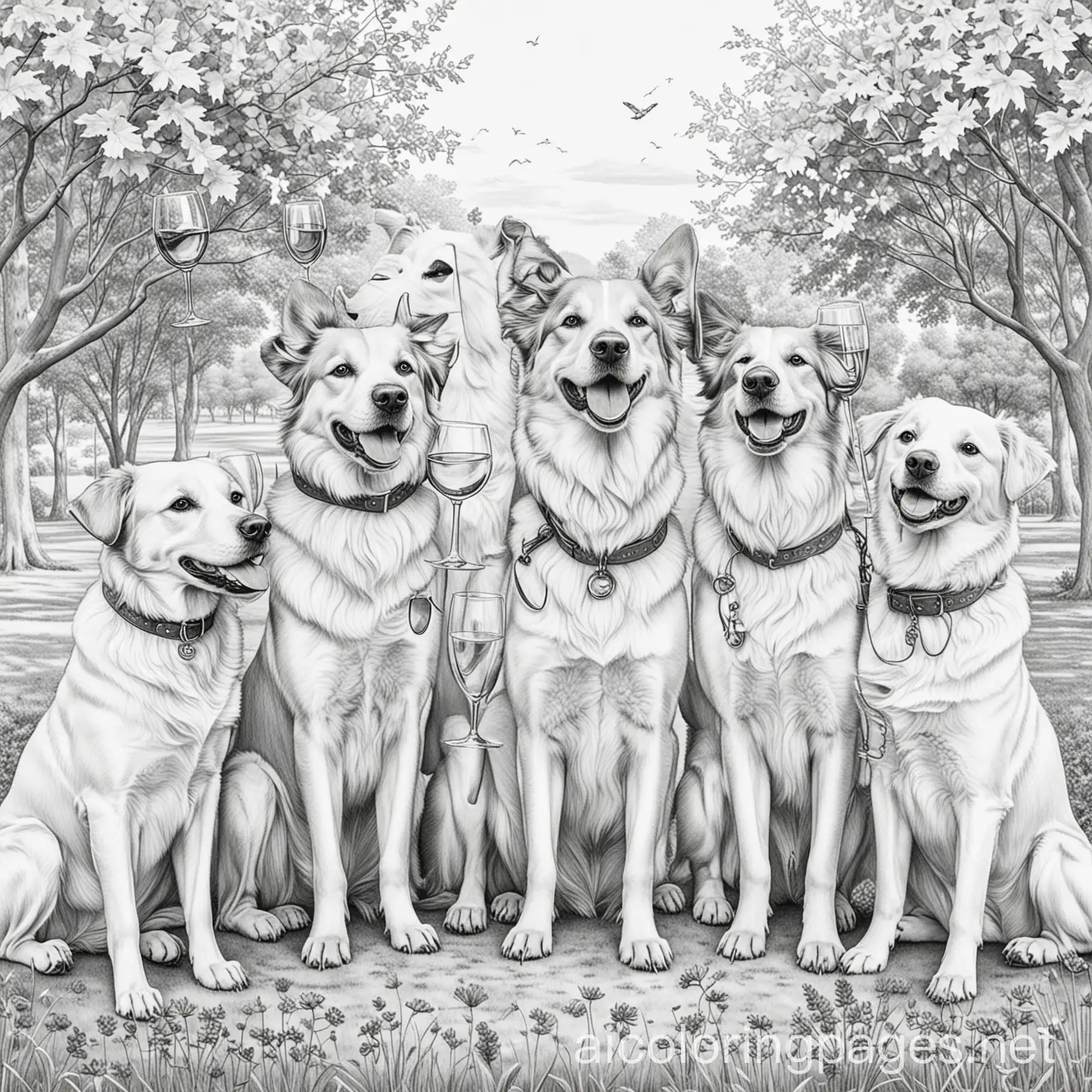 Seven-Joyful-Dogs-in-Park-with-Wine-Glasses-Coloring-Page