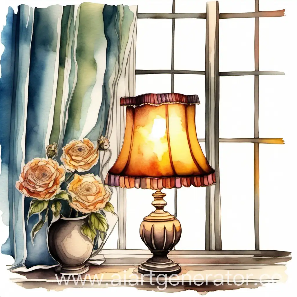 Lampe mit schönem Lampenschirm vor dem Hintergrund eines Fensters, Vorhänge, Blumen, Retro-Stil, Vintage, Aquarell, feine Acrylmalerei, realistische Zeichnung