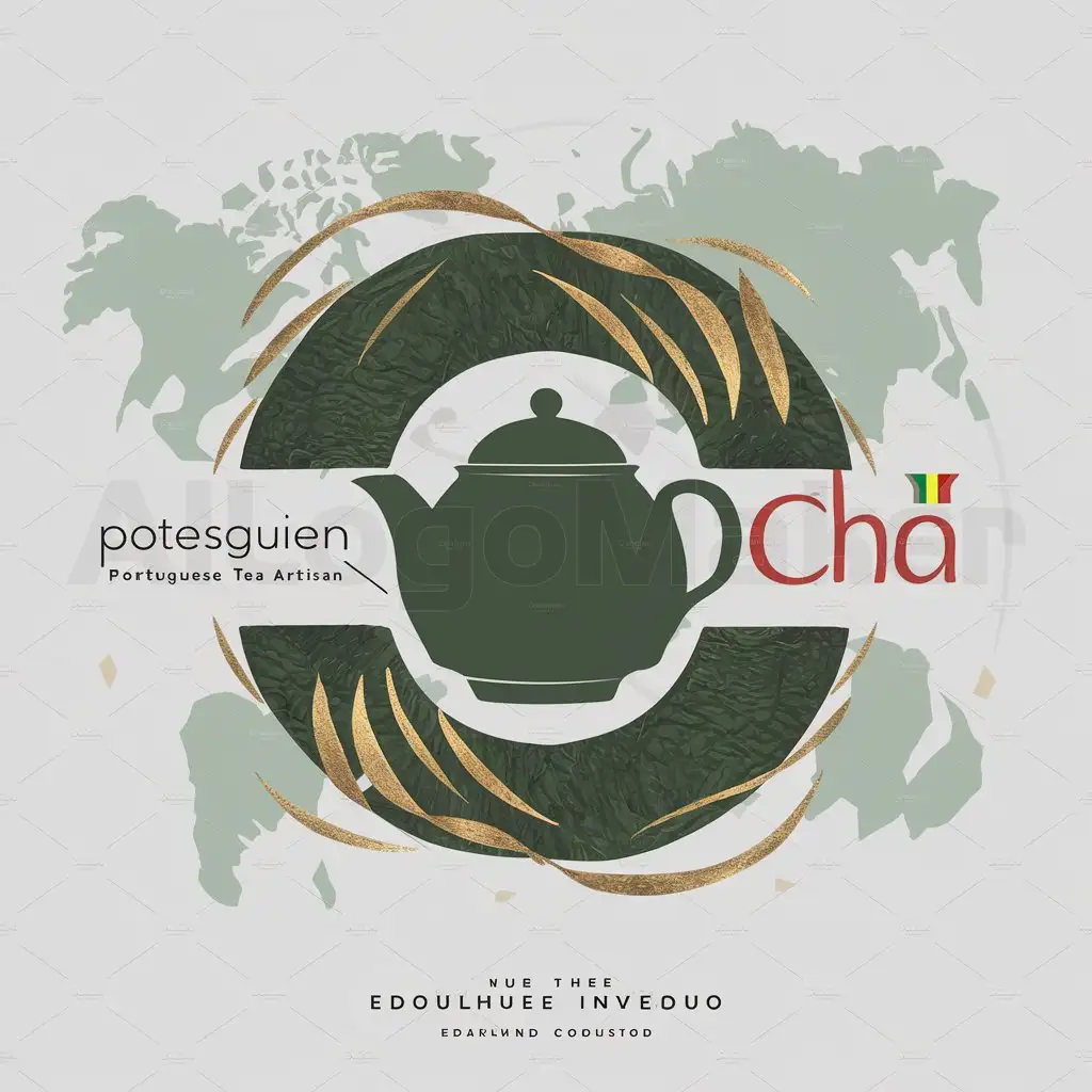 a logo design,with the text "portuguese language countries tea artists", main symbol:In the center position, draw a refined tea pot, with several drifting tea leaves on the tea pot, the tea leaf color is green and gold, forming beautiful curves. On the left or bottom side of the tea pot, write 'Potesguien Portuguese Tea Artisan' in a modern simple font, where the 'tea' character can be specifically designed to highlight the tea theme. On the right or top side of the tea pot, add the Portuguese word 'chá' in artistic font, and decorate it with the blue, white, red, and gold colors of the Portuguese flag. In the background of the logo, draw a simplified outline of the earth or map, highlighting the official language as Portuguese in the countries using it, and fill them with light colors. Finally, use forest green as the main color to fill the entire logo, and add golden or red accents at key locations to enhance the texture of the logo.,Minimalistic,be used in Education industry,clear background