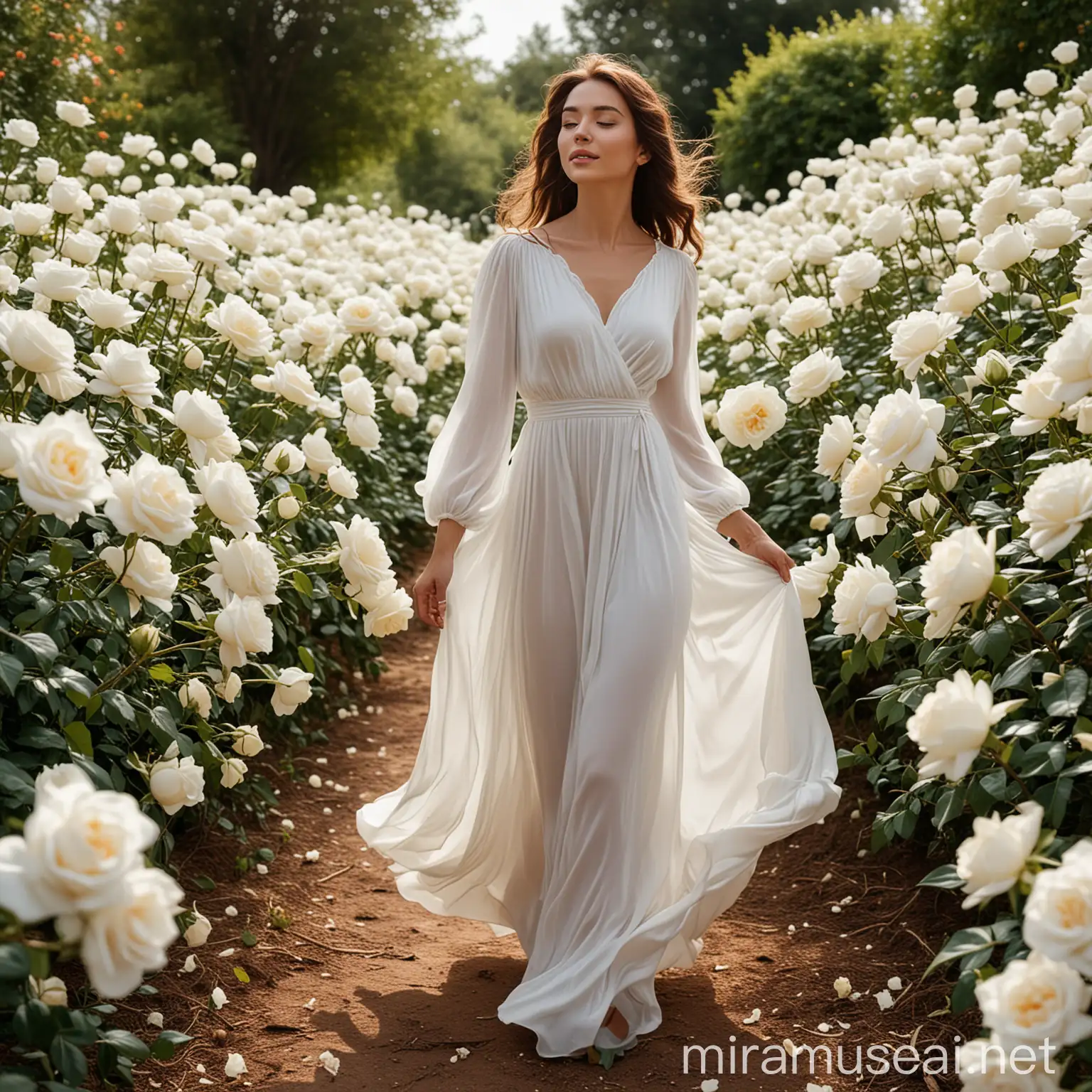In a garden full of white roses, a woman wearing a flowing white dress walks gracefully and her face looks radiant and fair. 

