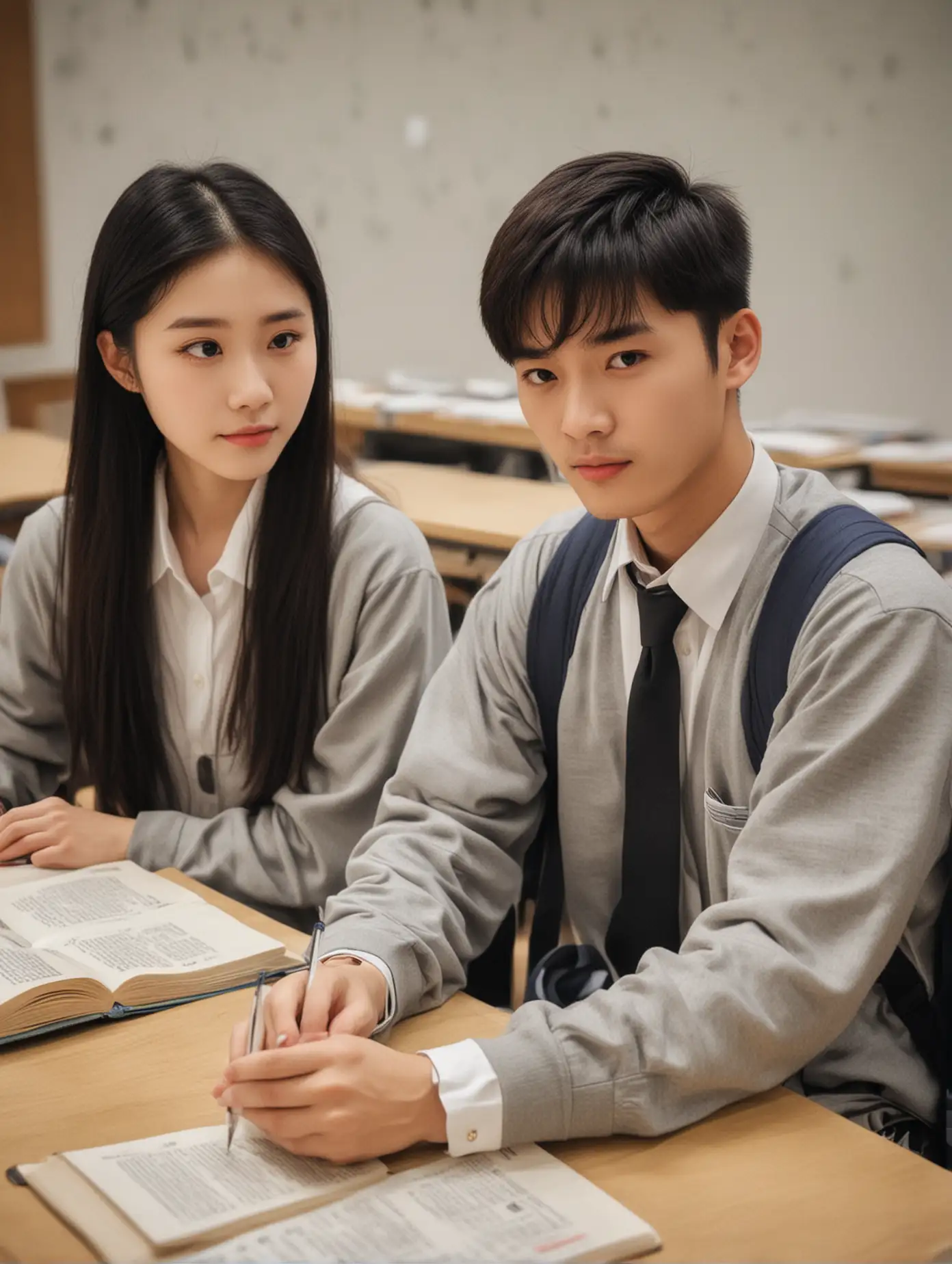 A Chinese male and female like each other, studying together in the classroom, how beautiful youth is!