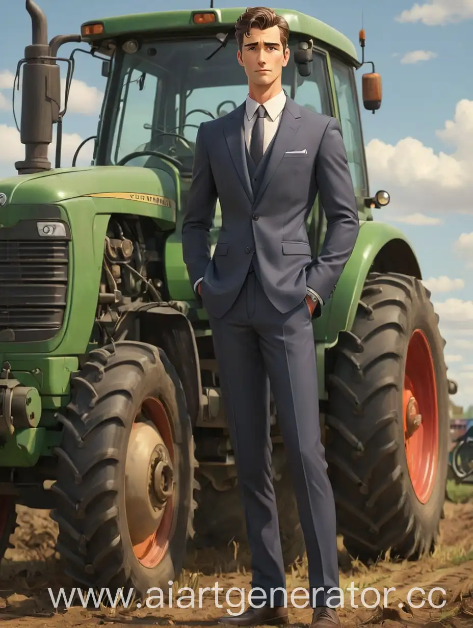 мультяшный красивый сексуальный мужчина в официальном костюме в полный рост стоит перед трактором