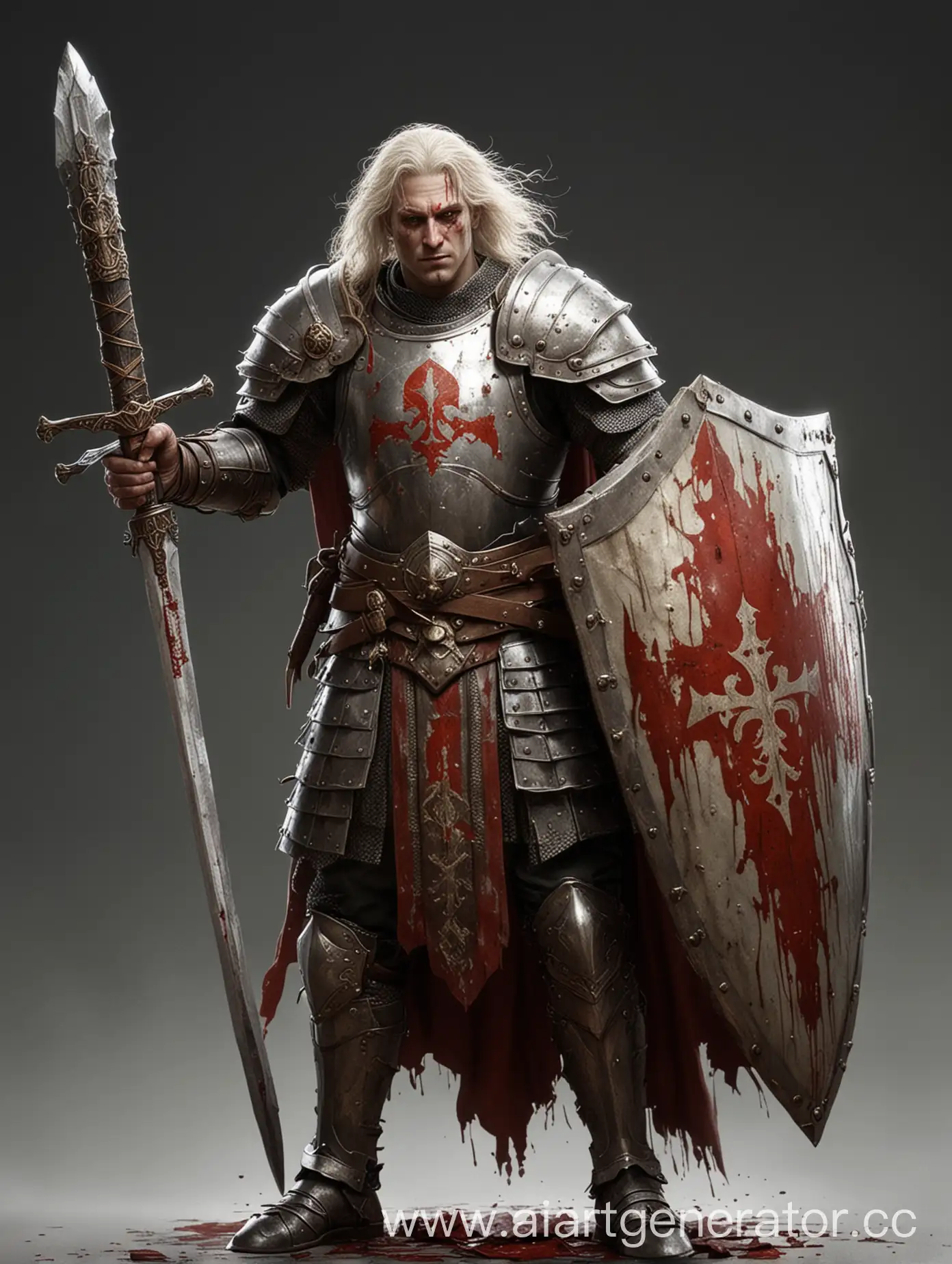 Красноволосый паладин мужчина с мечом и щитом. На броне знак весов. меч в крови