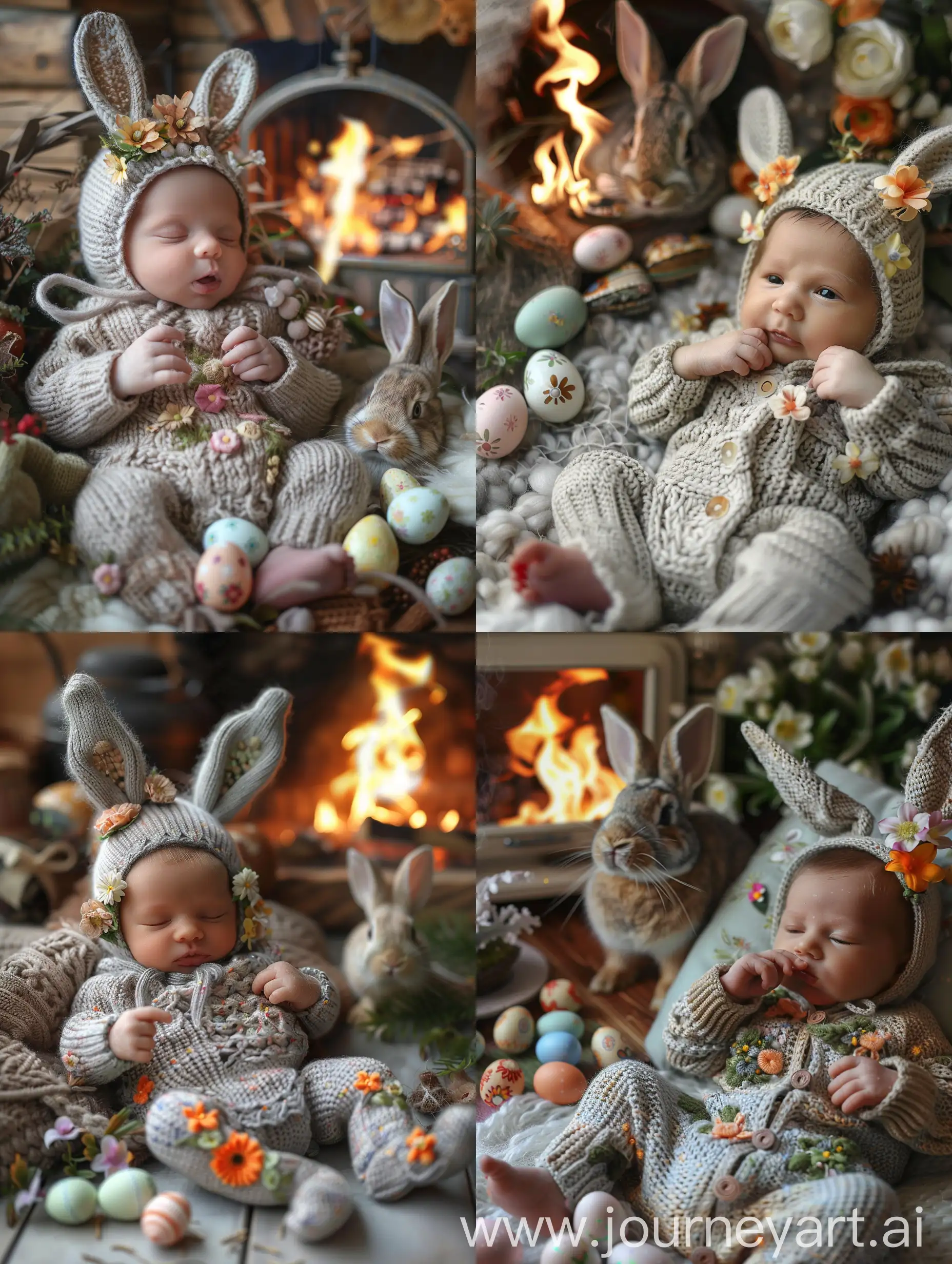 Baby, baby is lying in a knitted suit with bunny ears and flowers, fiddling, Easter eggs are lying next to him, and a live rabbit is burning in the background, realistic photo, hyperrealism, a face looking into the camera is clearly visible, a close-up face, a photo angle from above