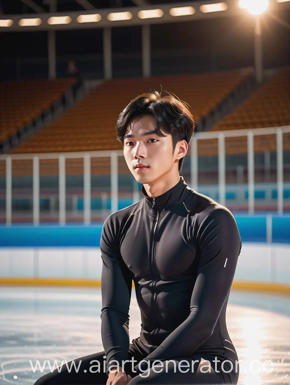 portrait of a black-haired young Korean man in a black figure skating jumpsuit, sitting on the ice arena, lighting at the golden hour, empty stands in the background, cinematically, dramatically, from the side, glare
from the lens.