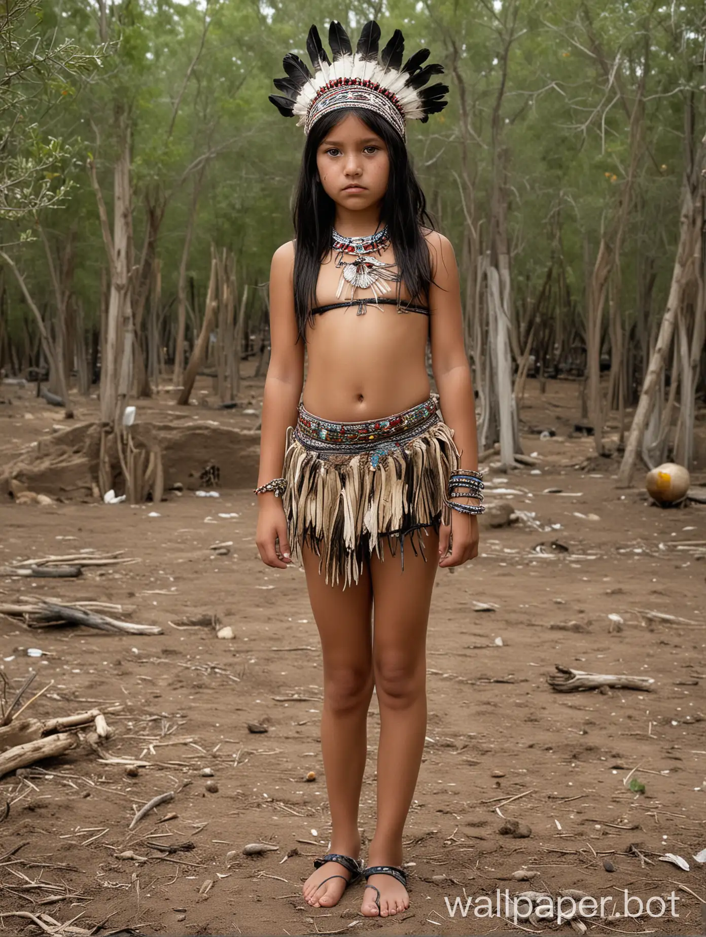 10 year old native American girl black hair black eyes wearing headdress a small mini skirt and a native bikini top with little perky breasts and standing in a native American burial ground 
