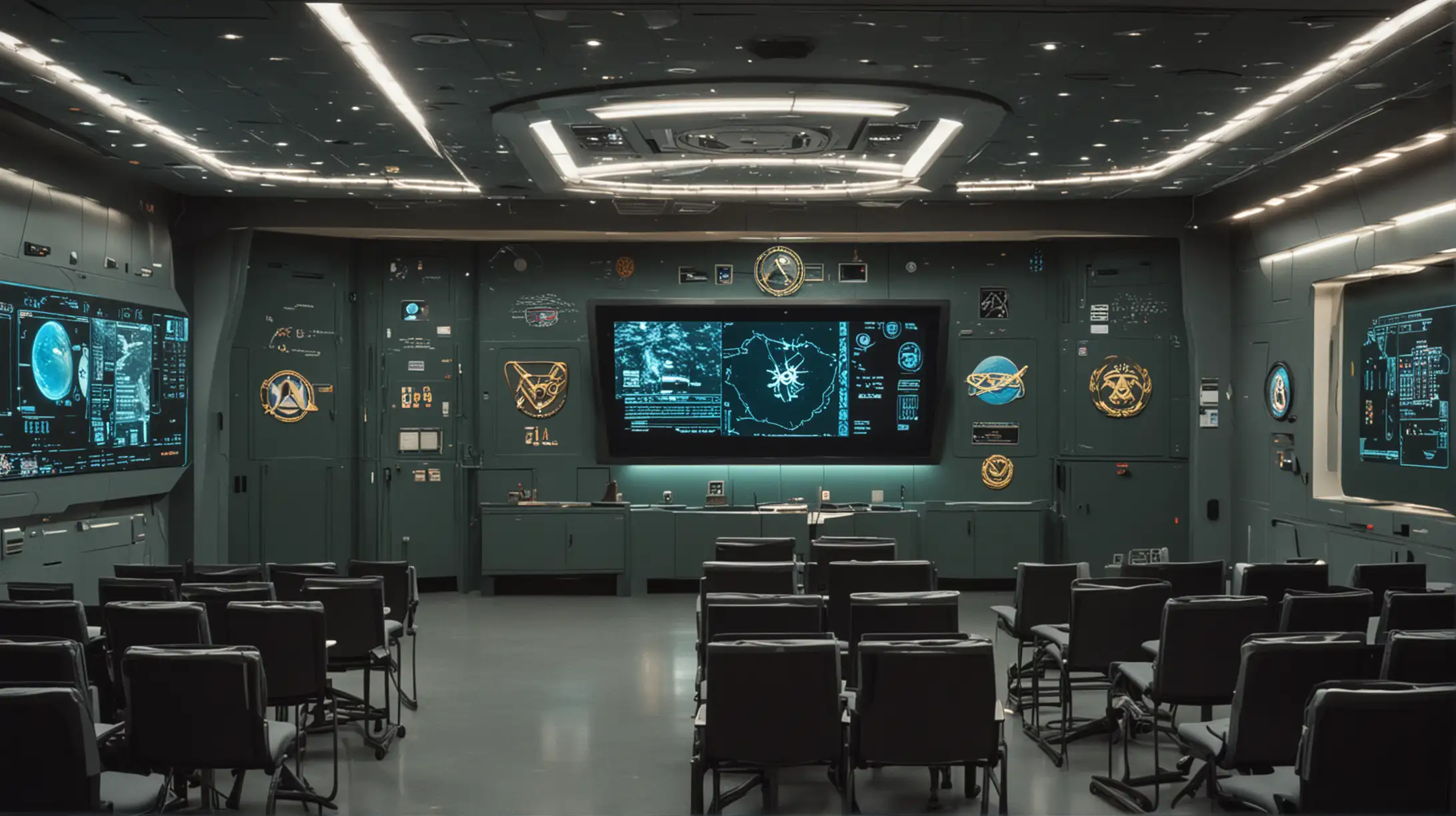 A futuristic military classroom with a large flat TV panel in the background.  The symbol of the Space Command is on a wall to the right and a door is on the left.  Close-up view of the front of the classroom.