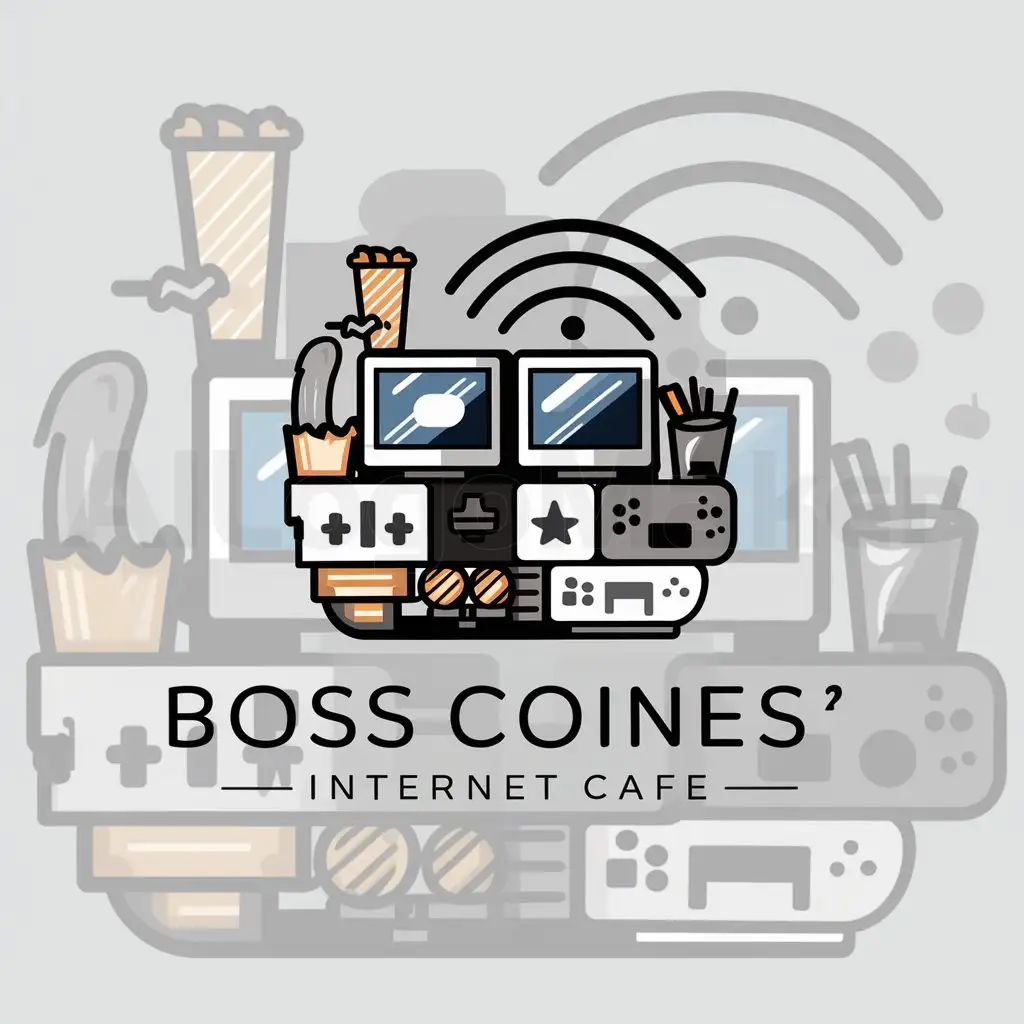 a logo design,with the text "Boss CoiNes’ Internet Cafe", main symbol:Computers, wifi connection, game consoles, snacks,Moderate,be used in Internet industry,clear background