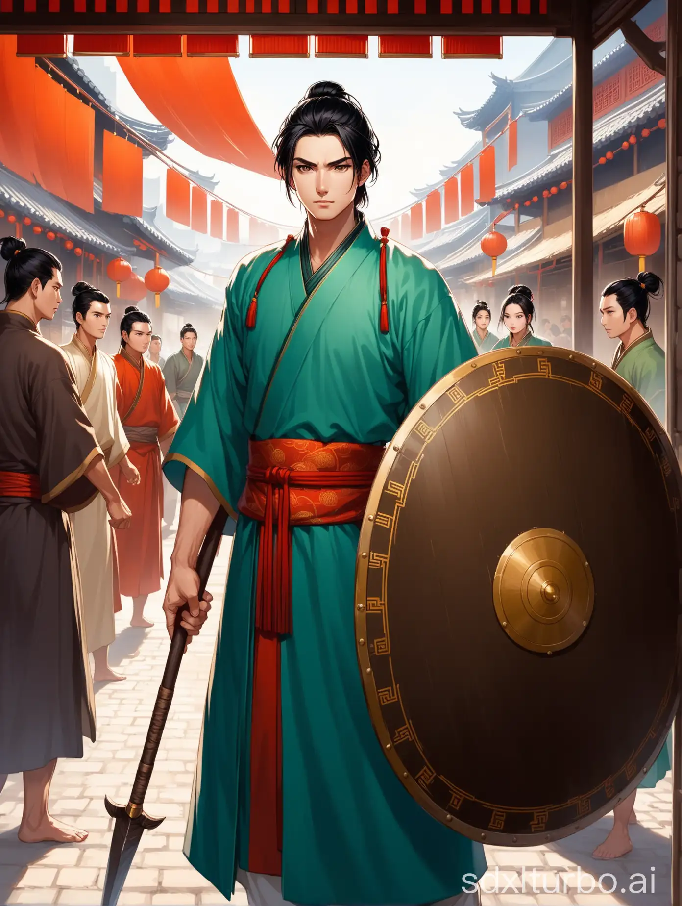 A man, an ordinary citizen, with dark eyes, black hair, holding a spear in one hand and a shield in the other, wearing ancient Chinese clothes, was in a market, 