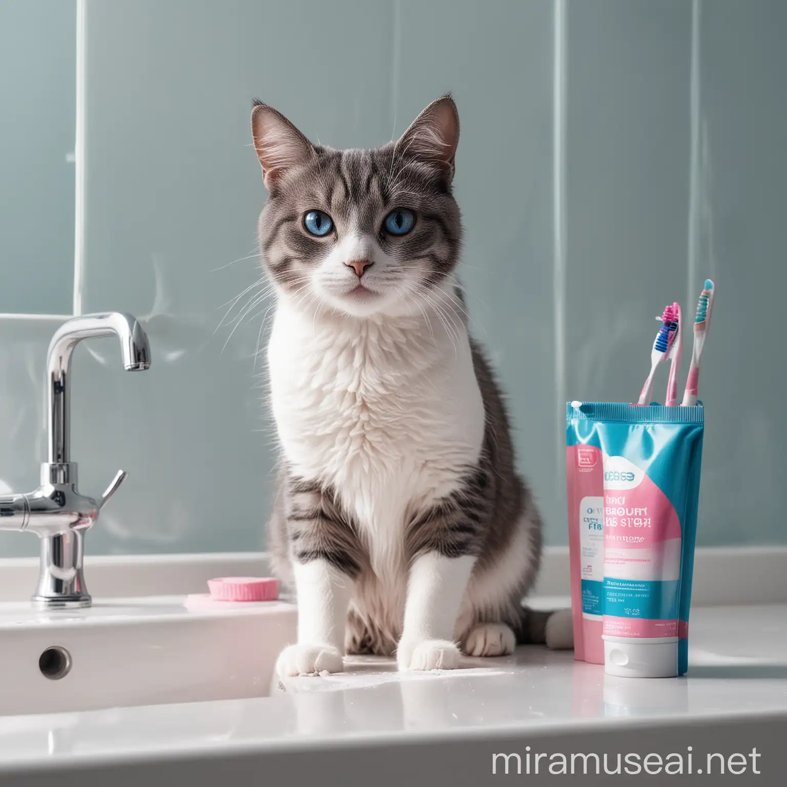 кошка сидит на раковине. Рядом с ней стоит стакан с зубными щетками и зубной пастой. Яркие синие и розовые тона